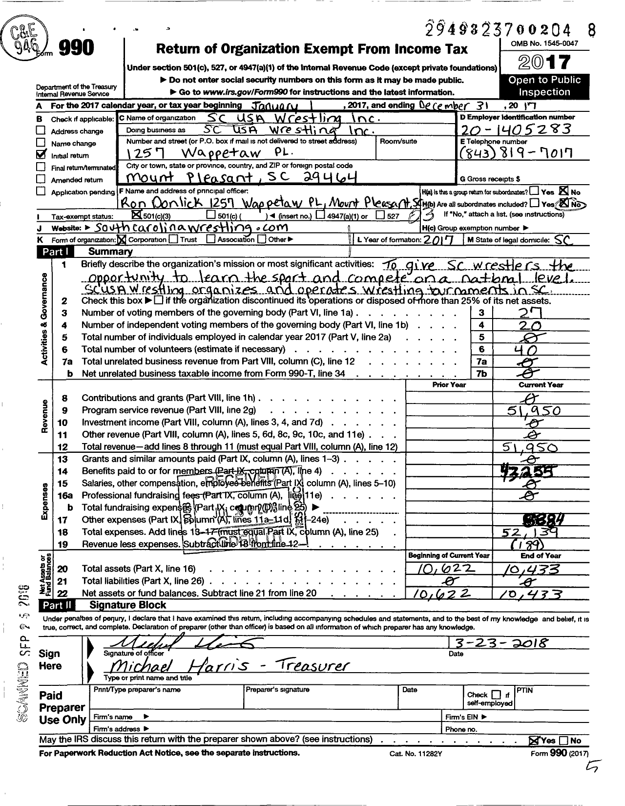 Image of first page of 2017 Form 990 for SC USA Wrestling