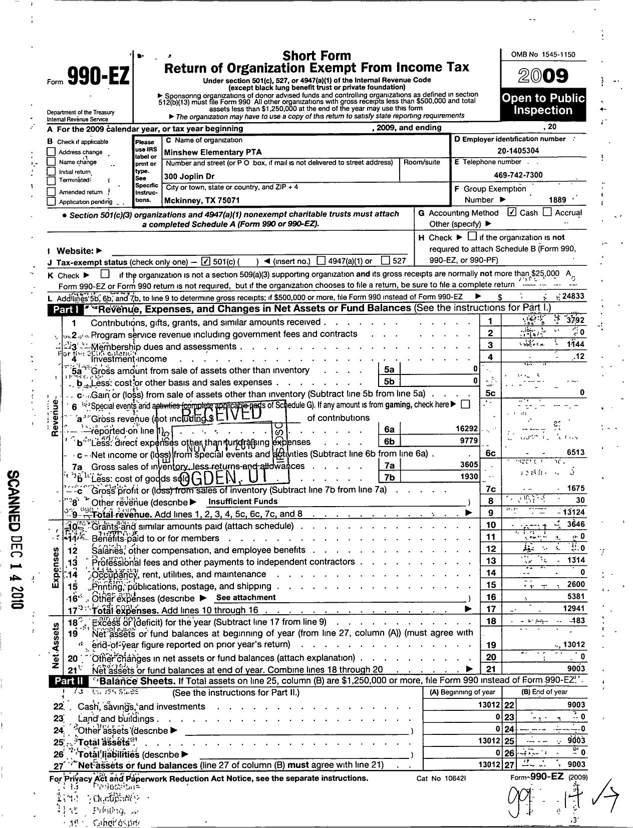 Image of first page of 2009 Form 990EO for Texas PTA - Minshew Elementary PTA