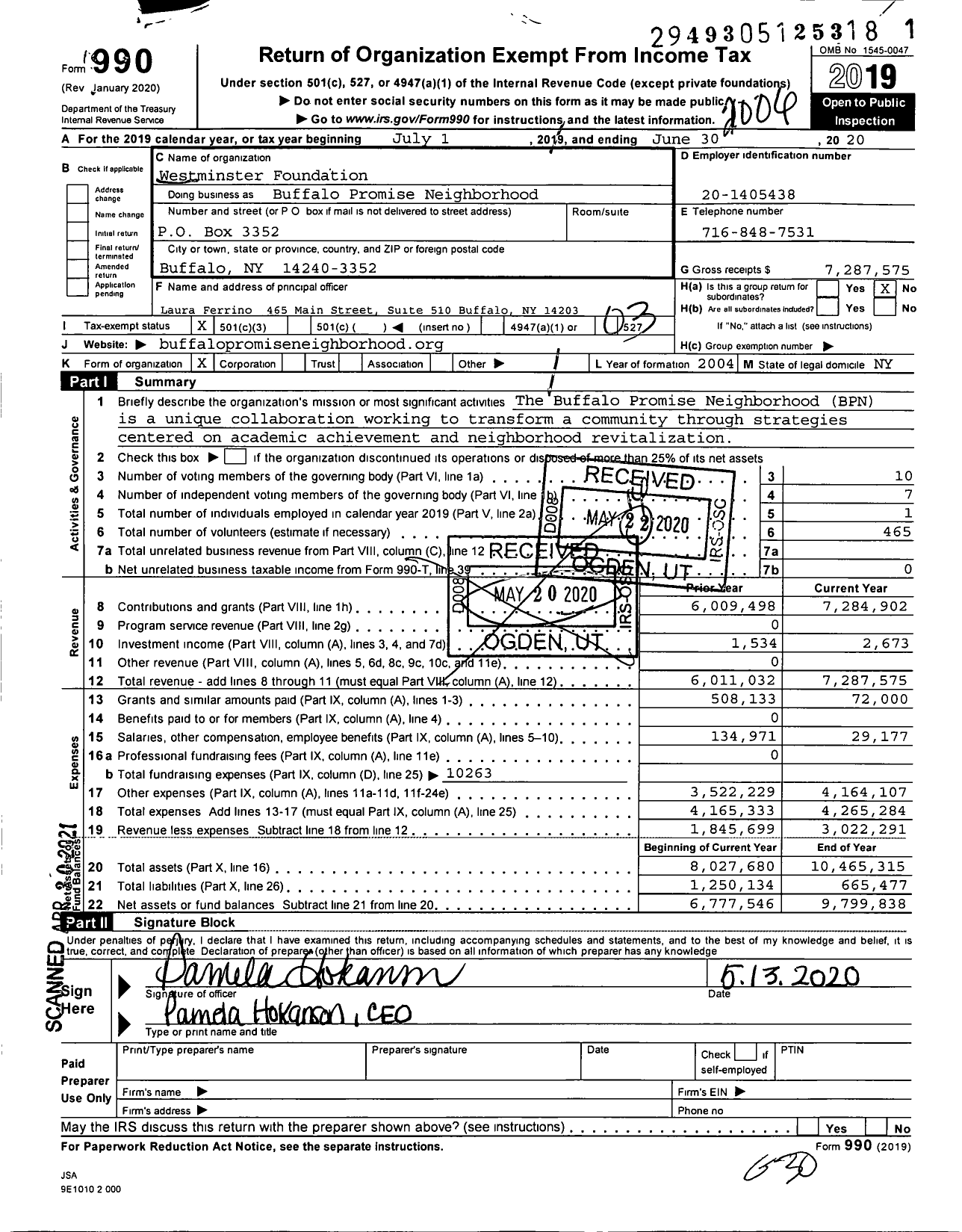 Image of first page of 2019 Form 990 for Buffalo Promise Neighborhood