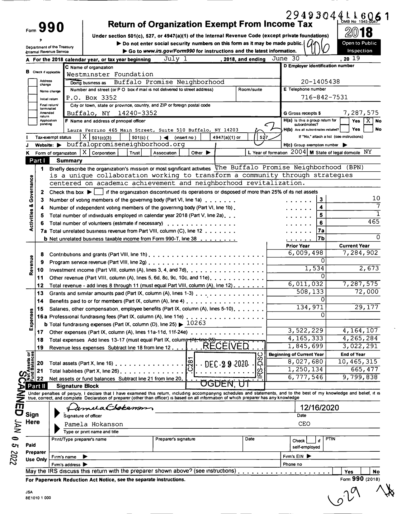 Image of first page of 2018 Form 990 for Buffalo Promise Neighborhood