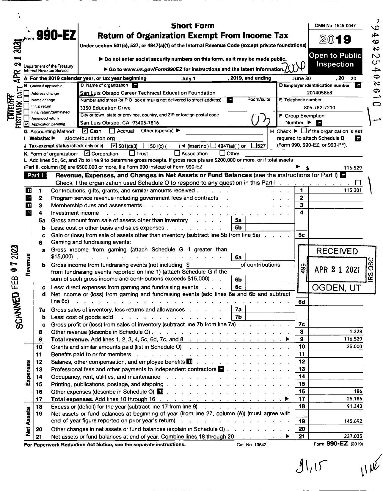 Image of first page of 2019 Form 990EZ for San Luis Obispo Career Technical Education Foundation