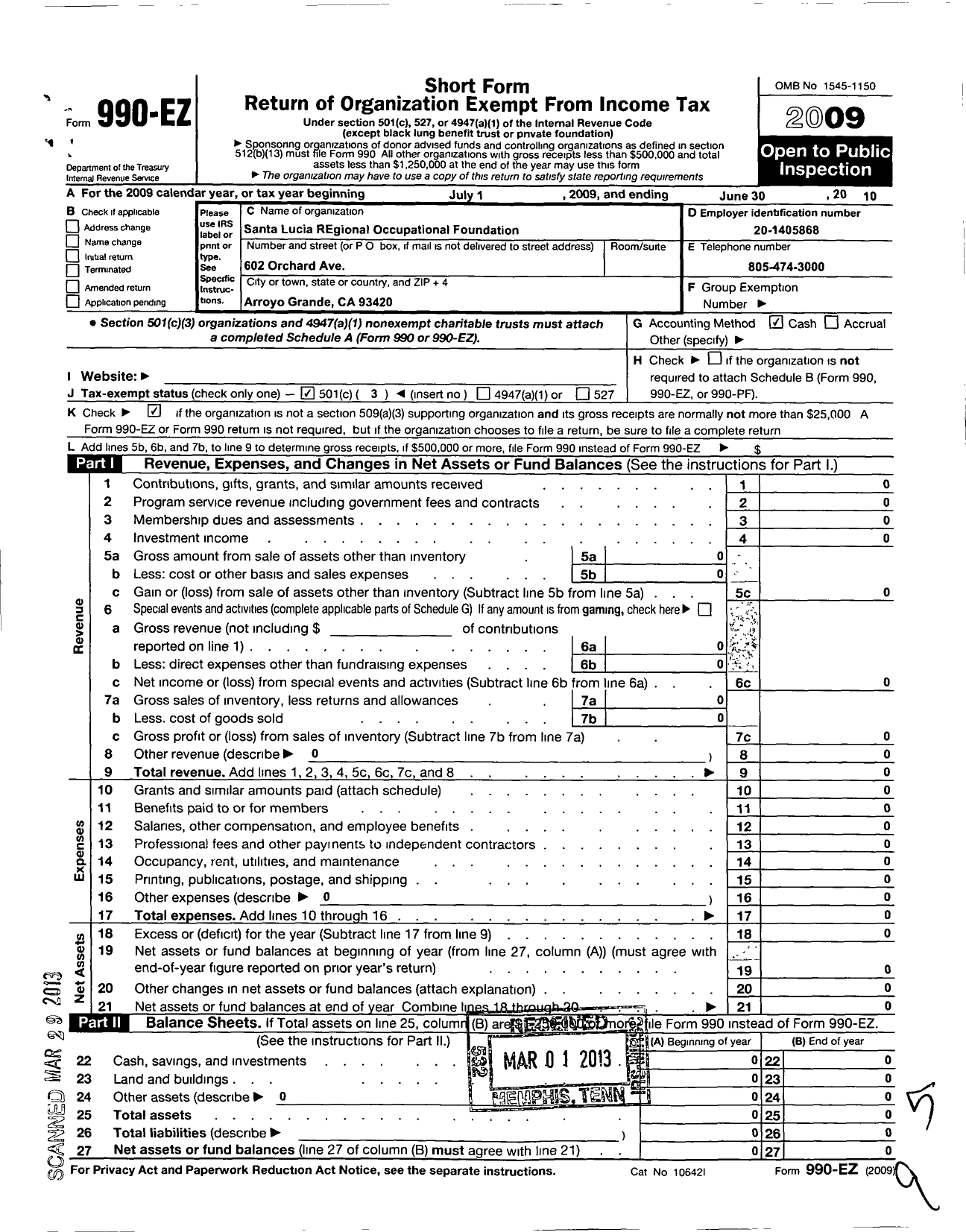 Image of first page of 2009 Form 990EZ for San Luis Obispo Career Technical Education Foundation