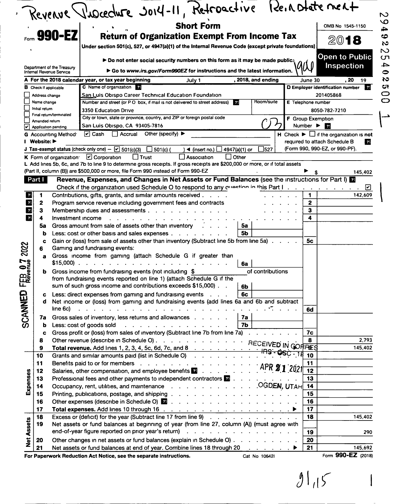 Image of first page of 2018 Form 990EZ for San Luis Obispo Career Technical Education Foundation