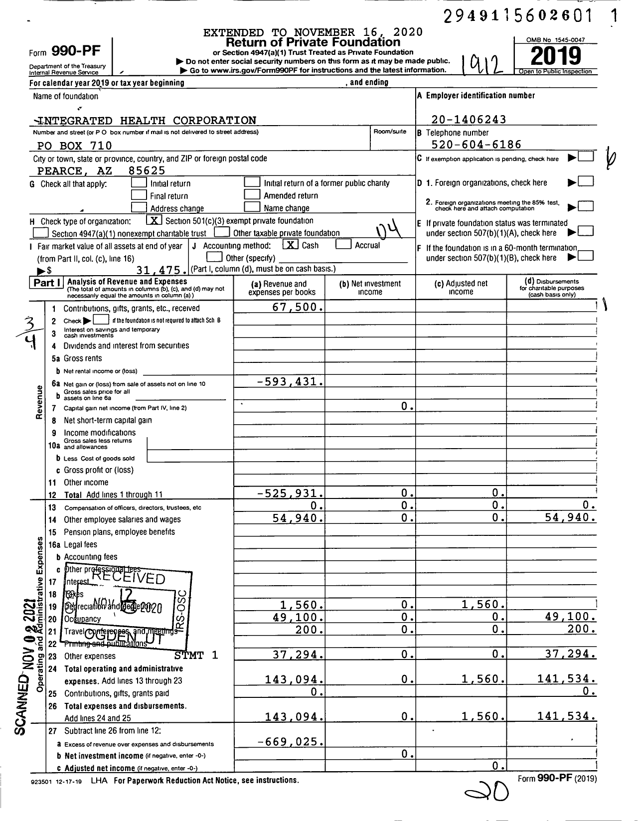Image of first page of 2019 Form 990PF for Integrated Health Corporation