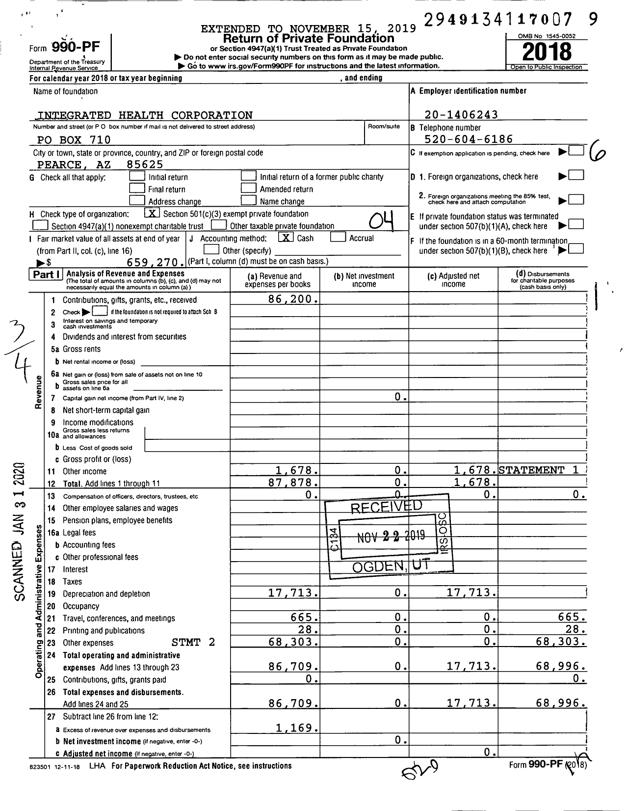 Image of first page of 2018 Form 990PF for Integrated Health Corporation