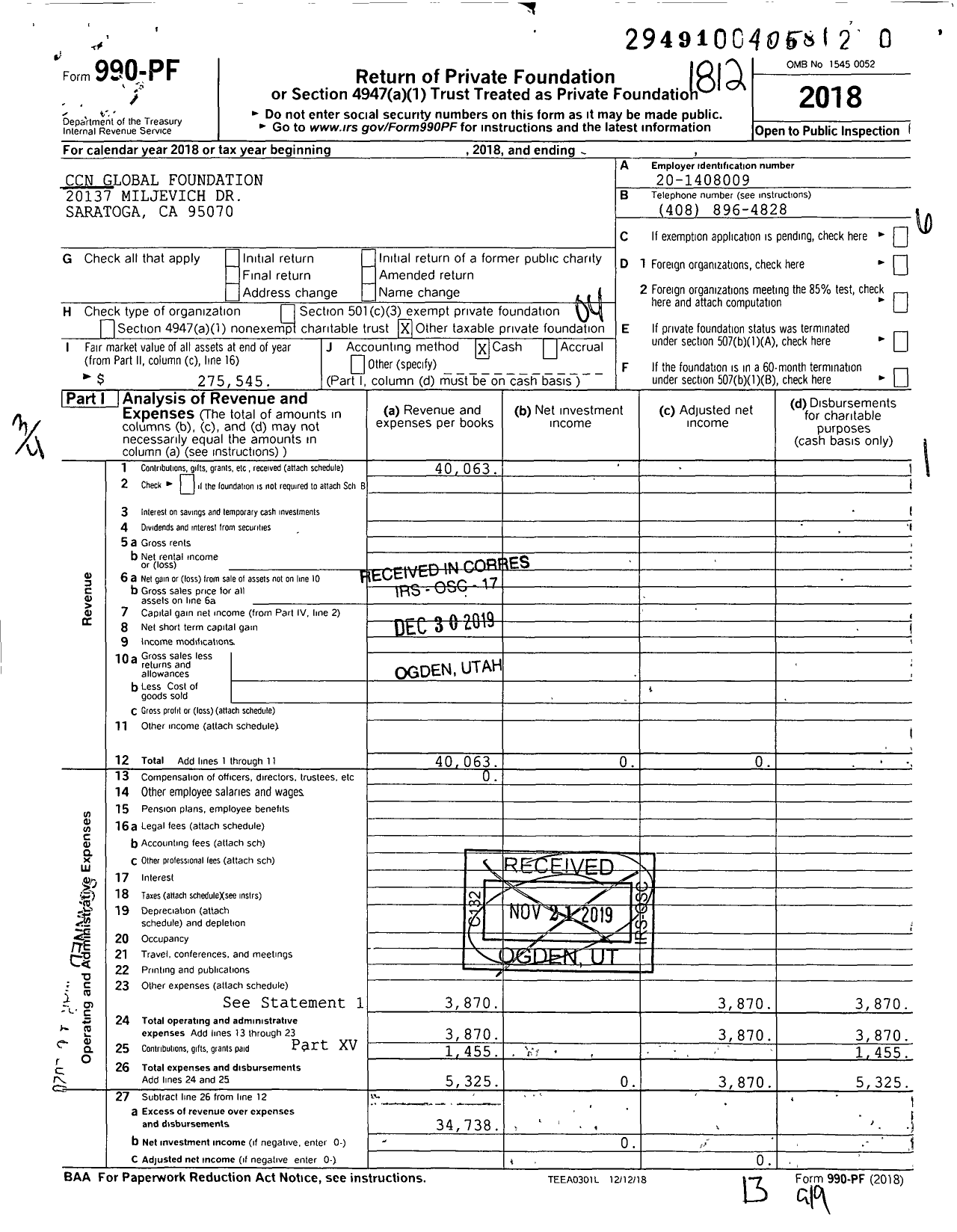 Image of first page of 2018 Form 990PR for CCN Global Foundation