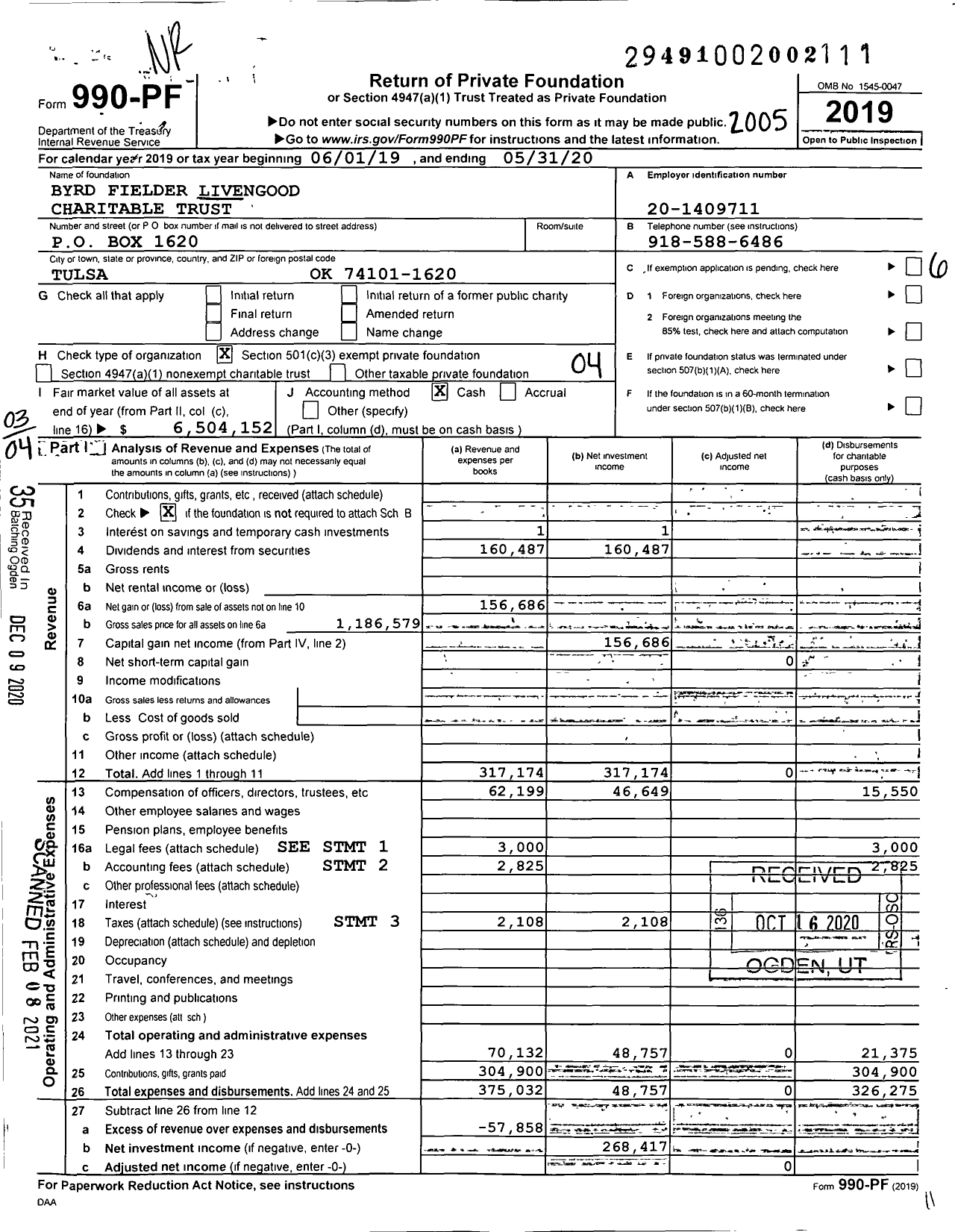 Image of first page of 2019 Form 990PF for Byrd Fielder Livengood Charitable Trust