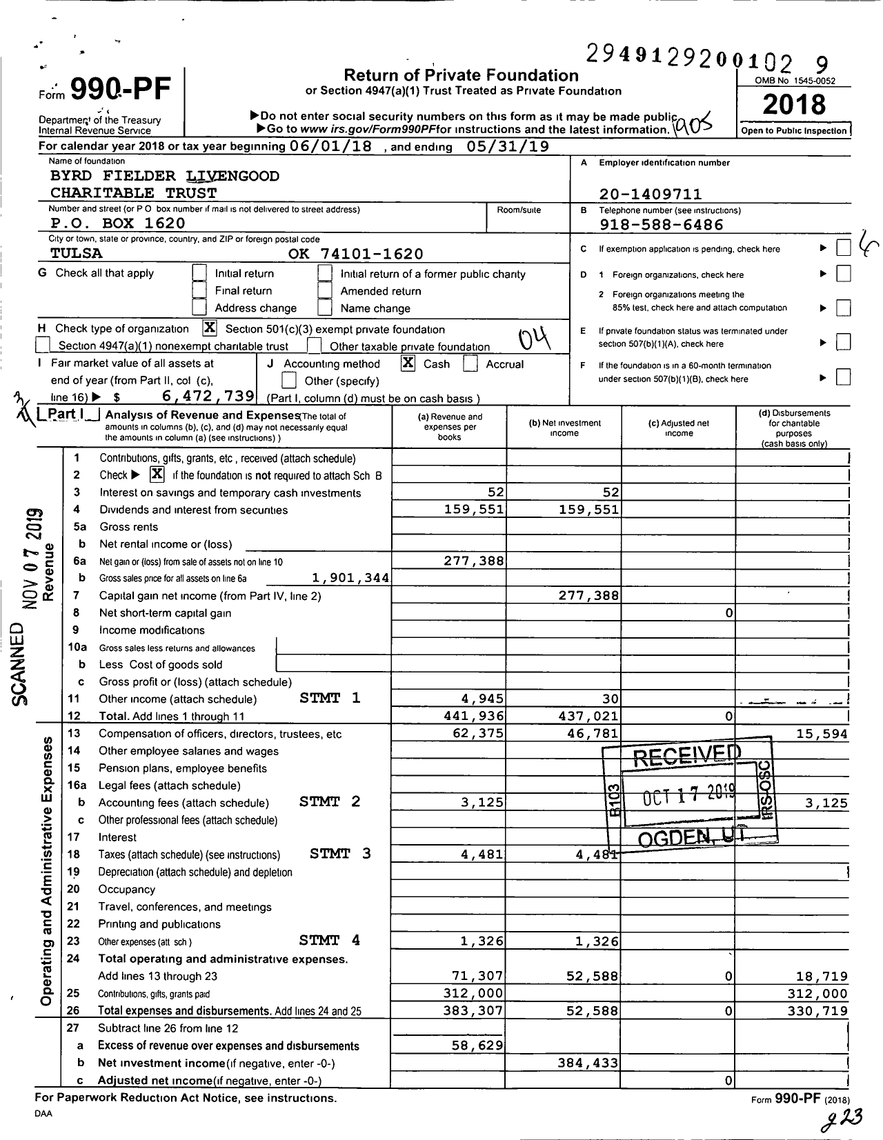 Image of first page of 2018 Form 990PF for Byrd Fielder Livengood Charitable Trust