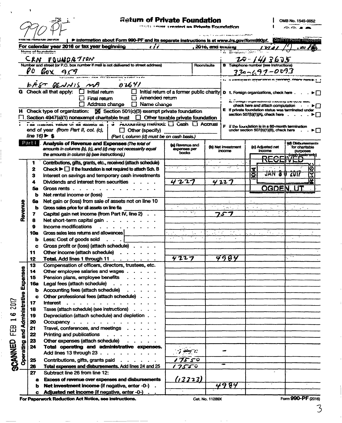 Image of first page of 2016 Form 990PF for CRN Foundation