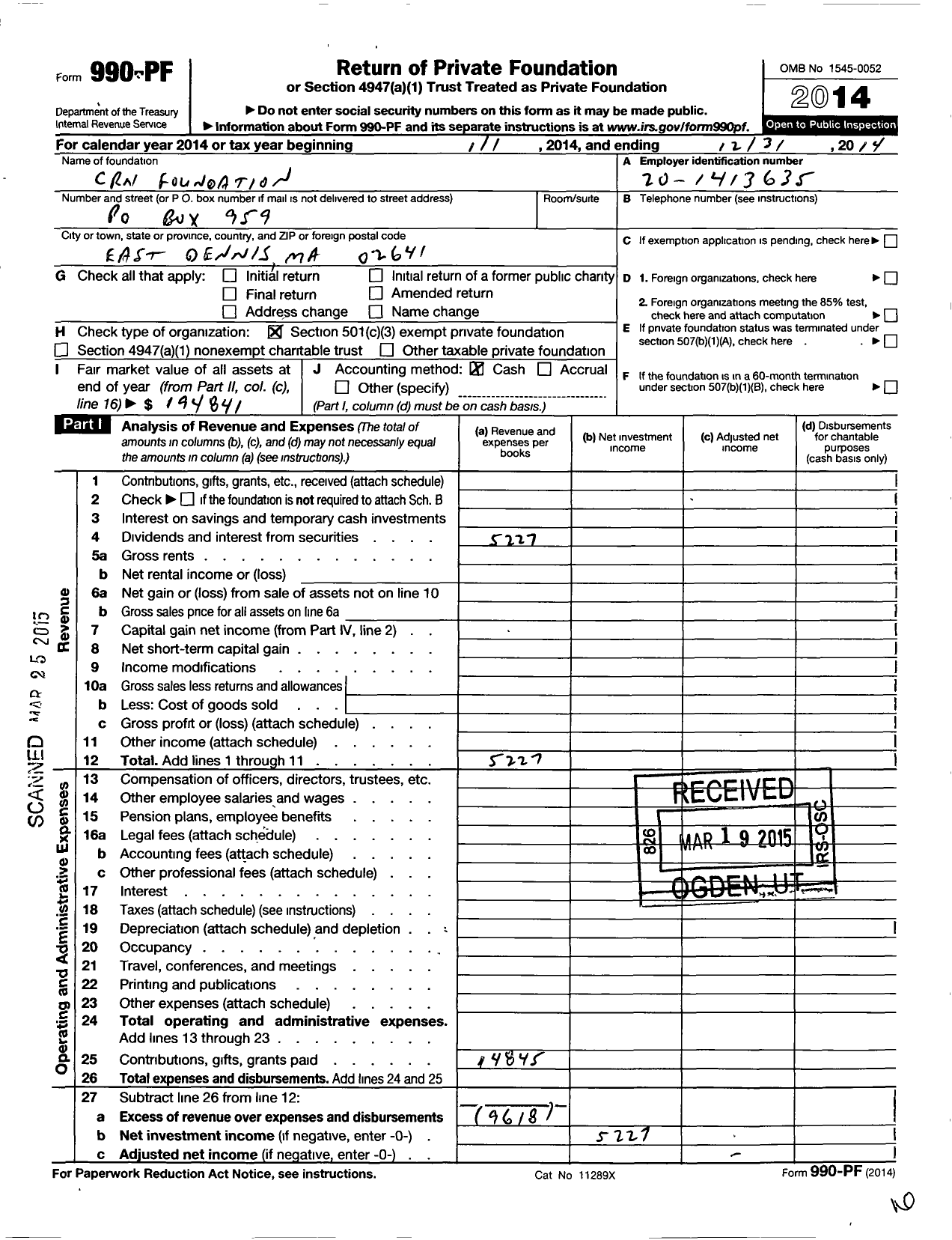 Image of first page of 2014 Form 990PF for CRN Foundation