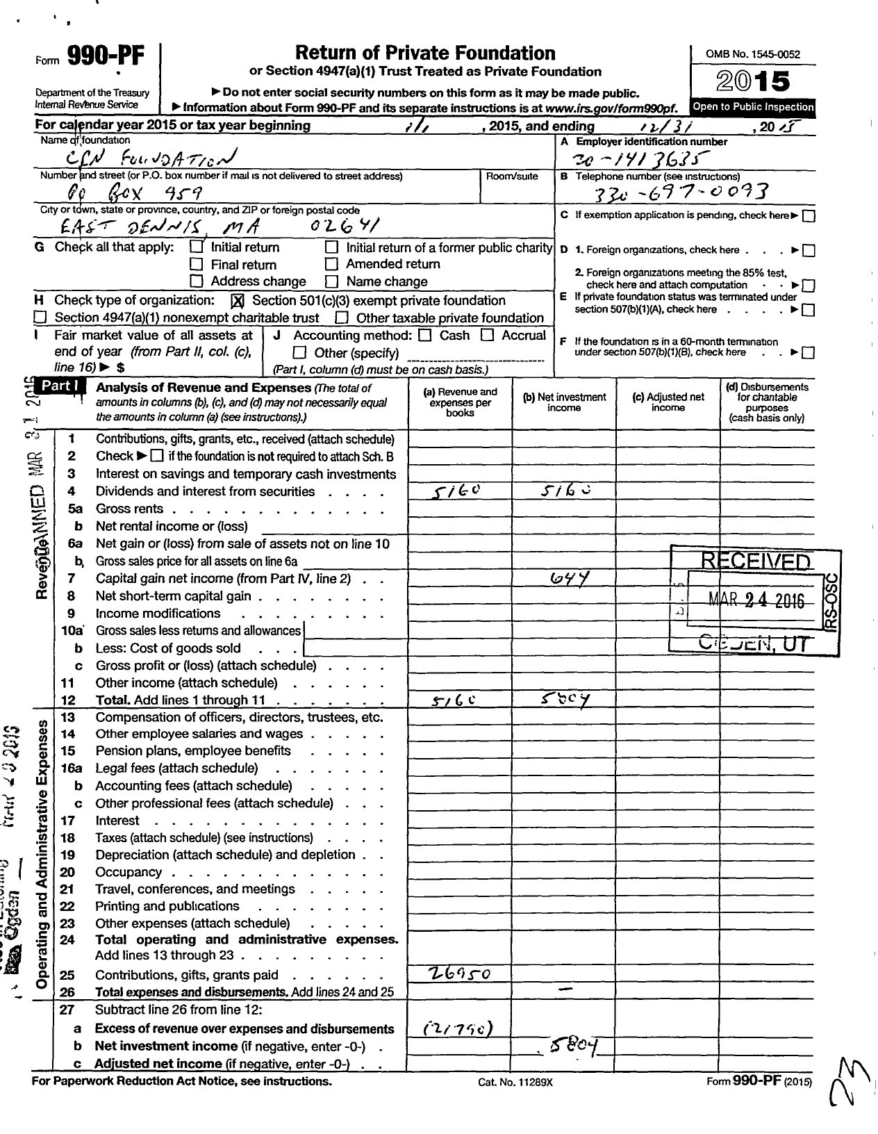 Image of first page of 2015 Form 990PF for CRN Foundation