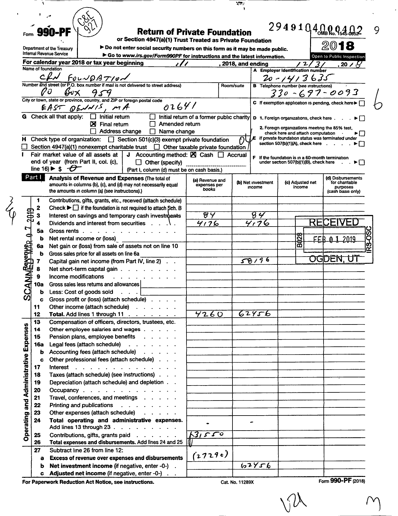 Image of first page of 2018 Form 990PF for CRN Foundation