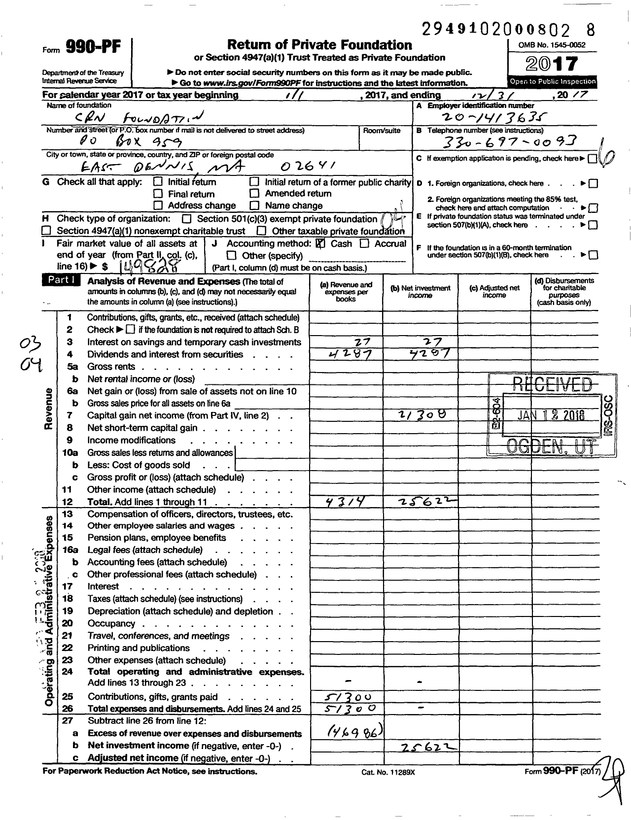 Image of first page of 2017 Form 990PF for CRN Foundation