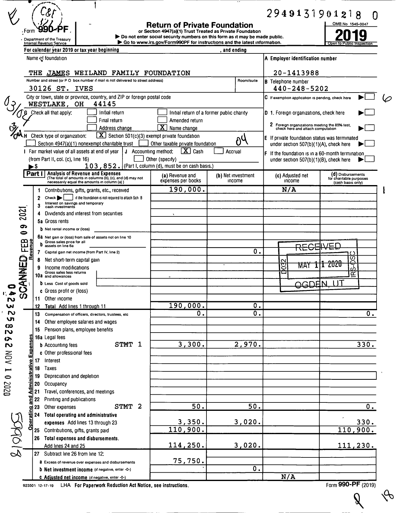 Image of first page of 2019 Form 990PF for The James Weiland Family Foundation