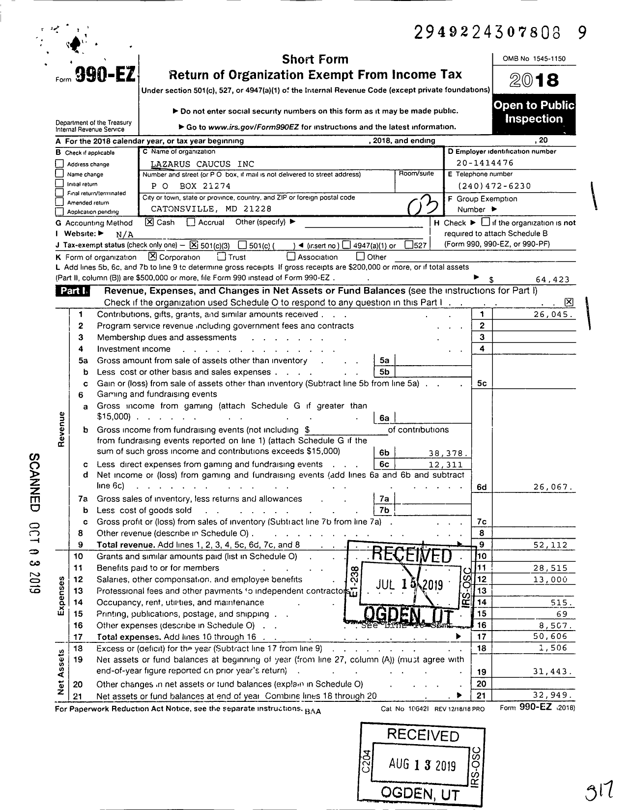 Image of first page of 2018 Form 990EZ for Lazarus Caucus