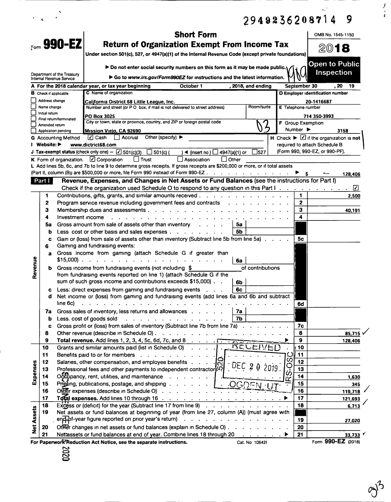 Image of first page of 2018 Form 990EZ for Little League Baseball - 4056800 Ezio Petrella