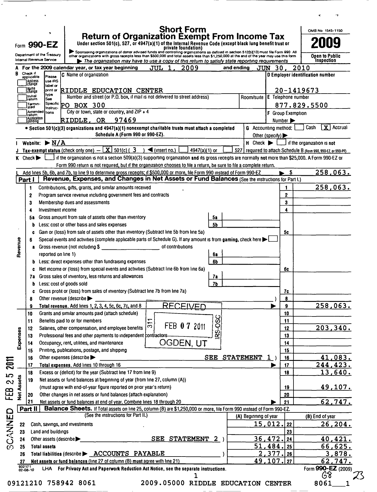 Image of first page of 2009 Form 990EZ for Riddle Education Center