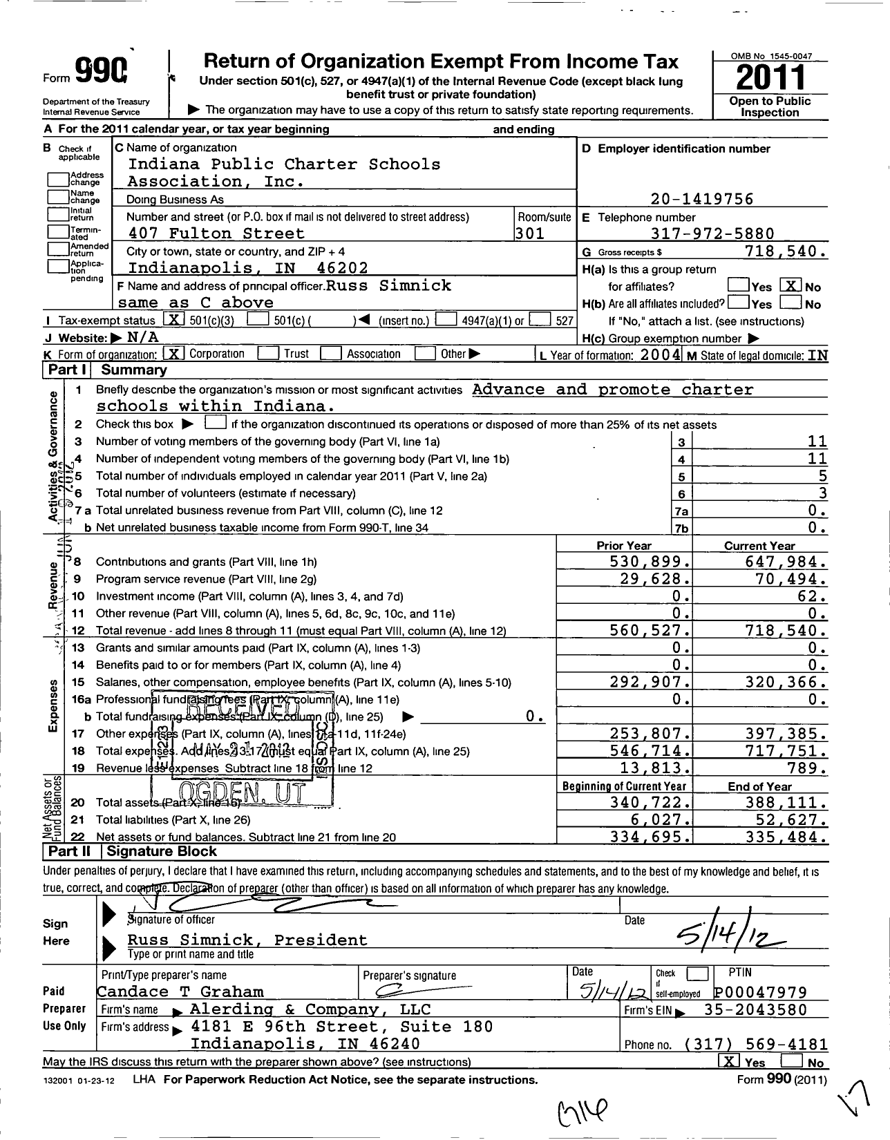 Image of first page of 2011 Form 990 for Indiana Public Charter Schools Association