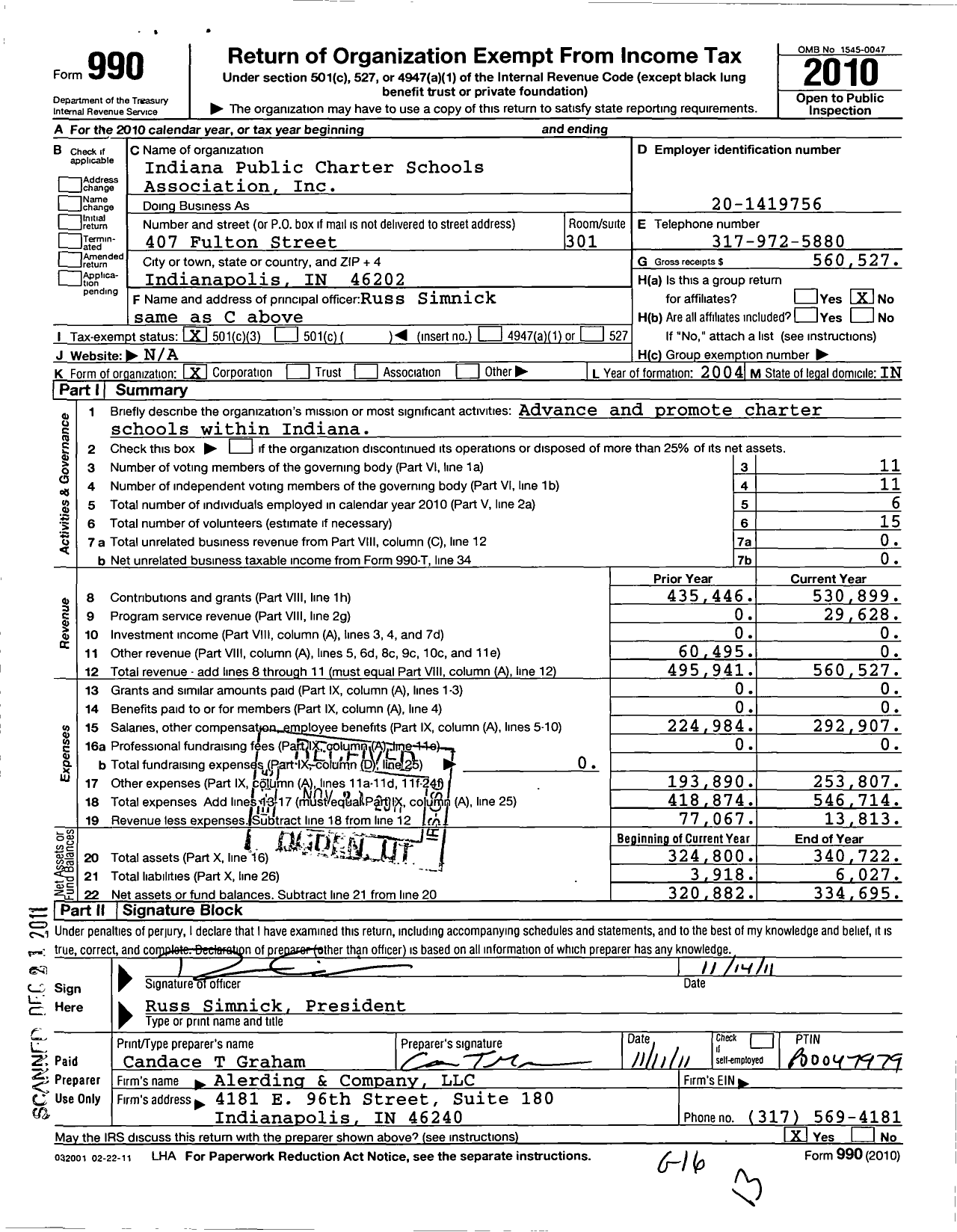 Image of first page of 2010 Form 990 for Indiana Public Charter Schools Association