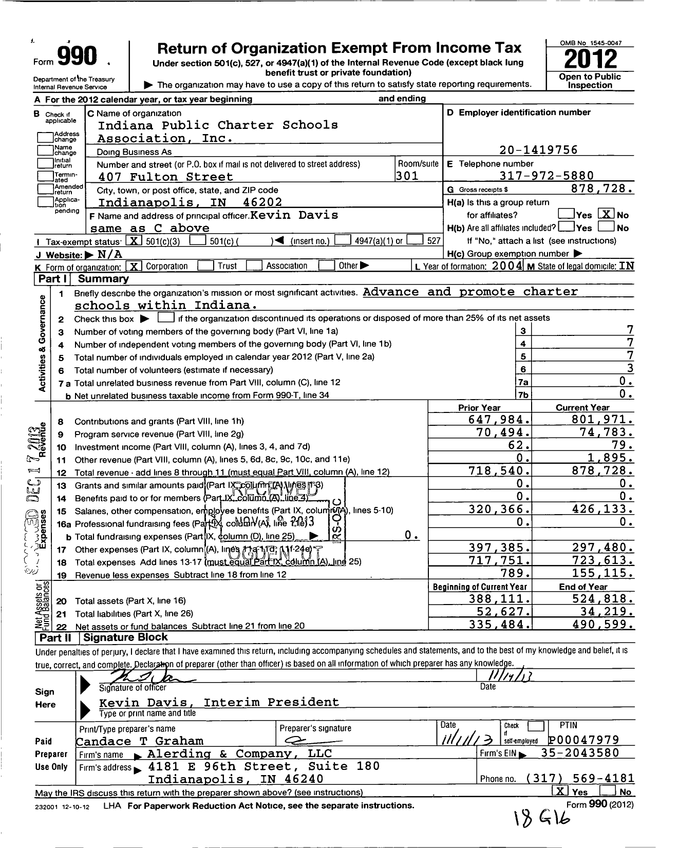 Image of first page of 2012 Form 990 for Indiana Public Charter Schools Association