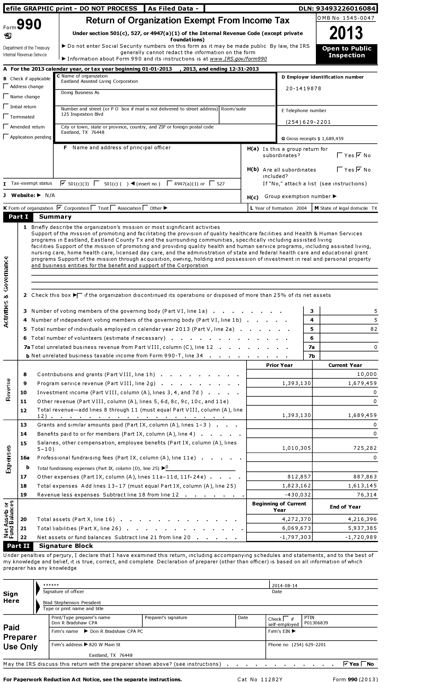 Image of first page of 2013 Form 990 for Eastland Assisted Living Corporation