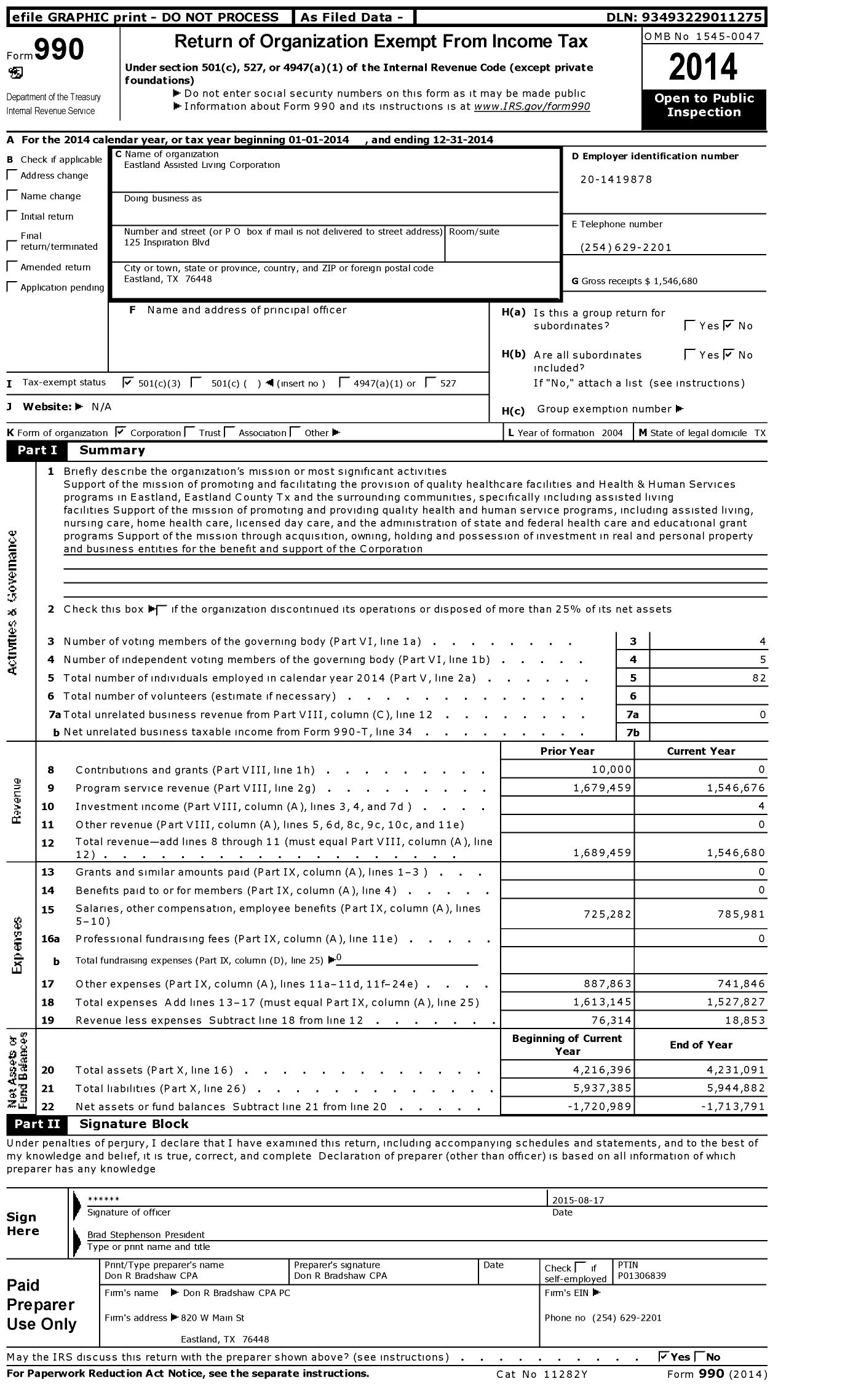 Image of first page of 2014 Form 990 for Eastland Assisted Living Corporation