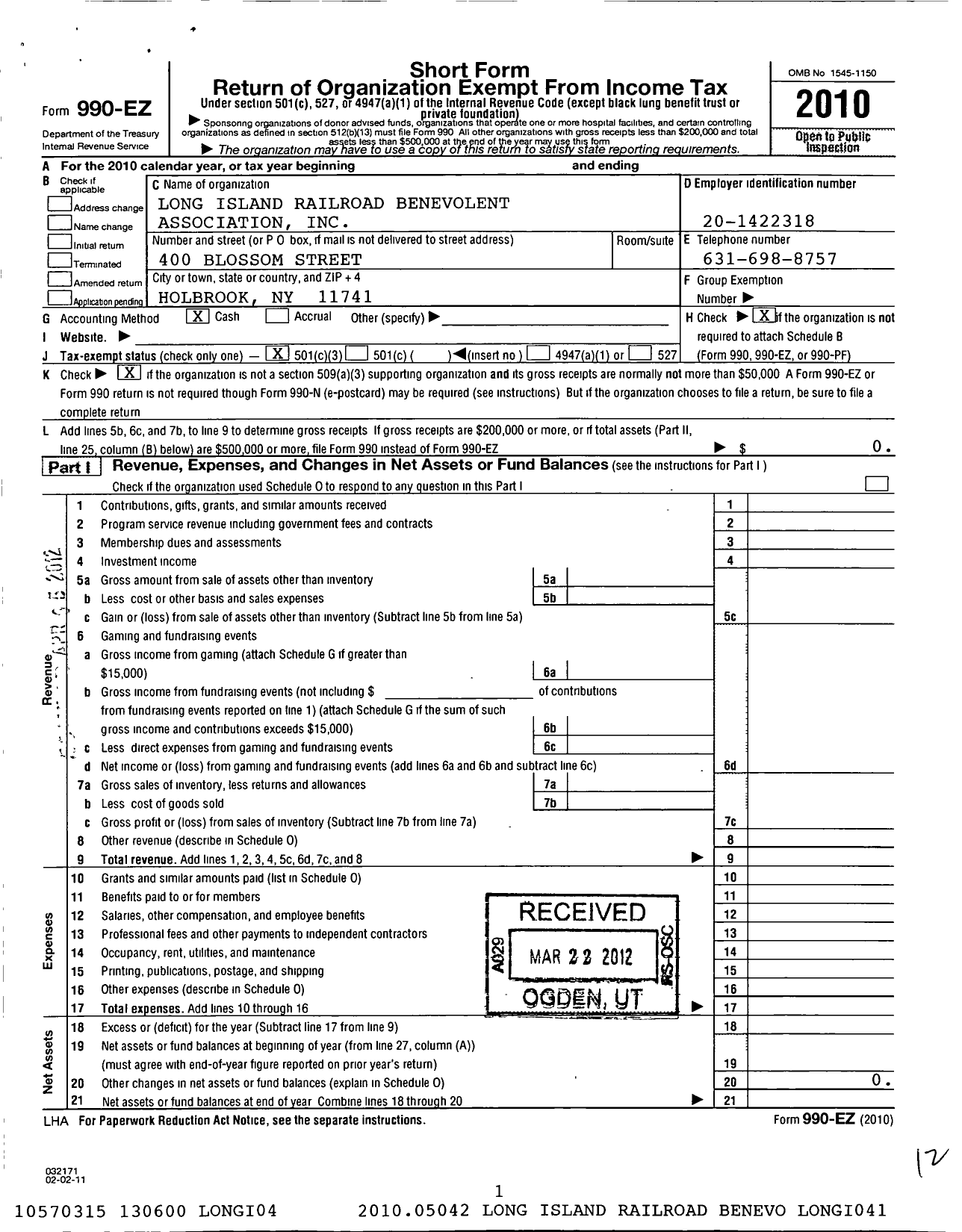 Image of first page of 2010 Form 990EZ for Long Island Railroad Benevolent Association