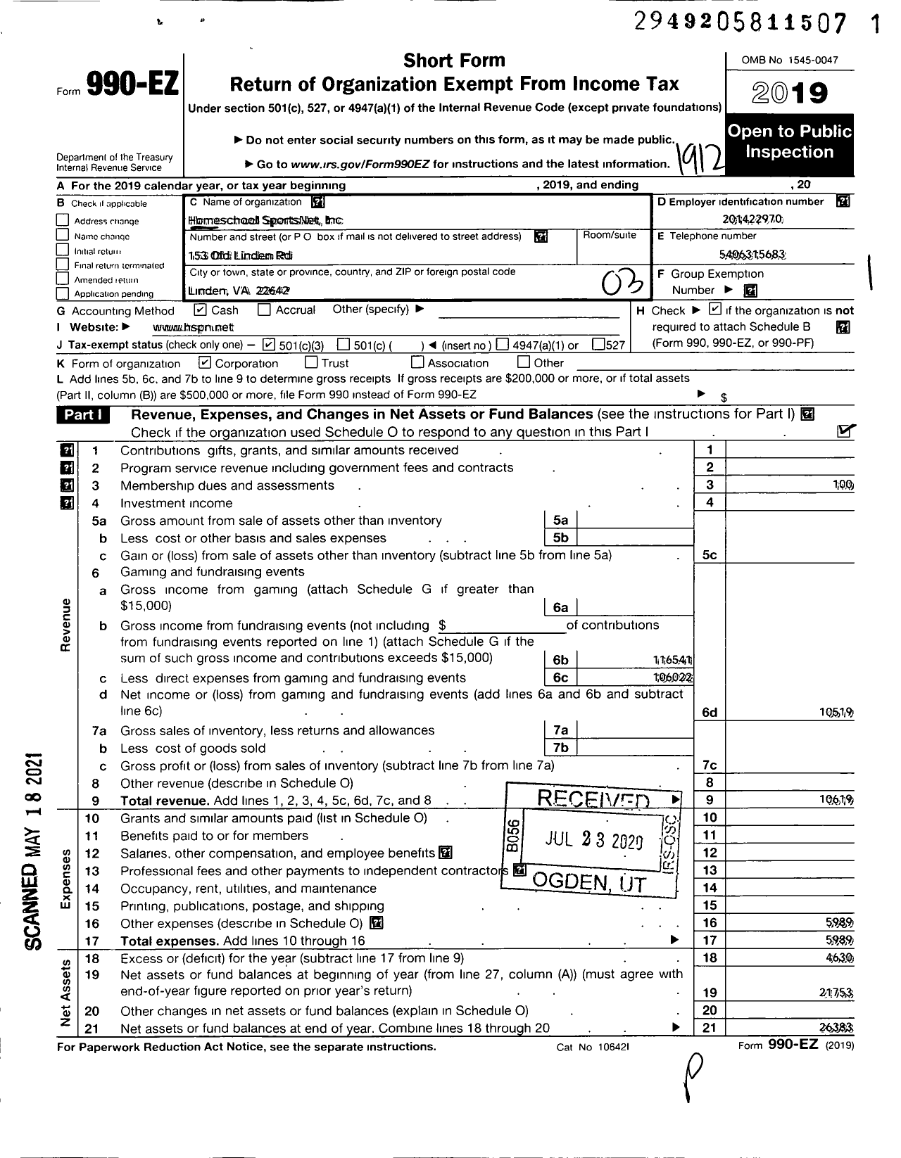 Image of first page of 2019 Form 990EZ for Homeschool Sportsnet Incorporated