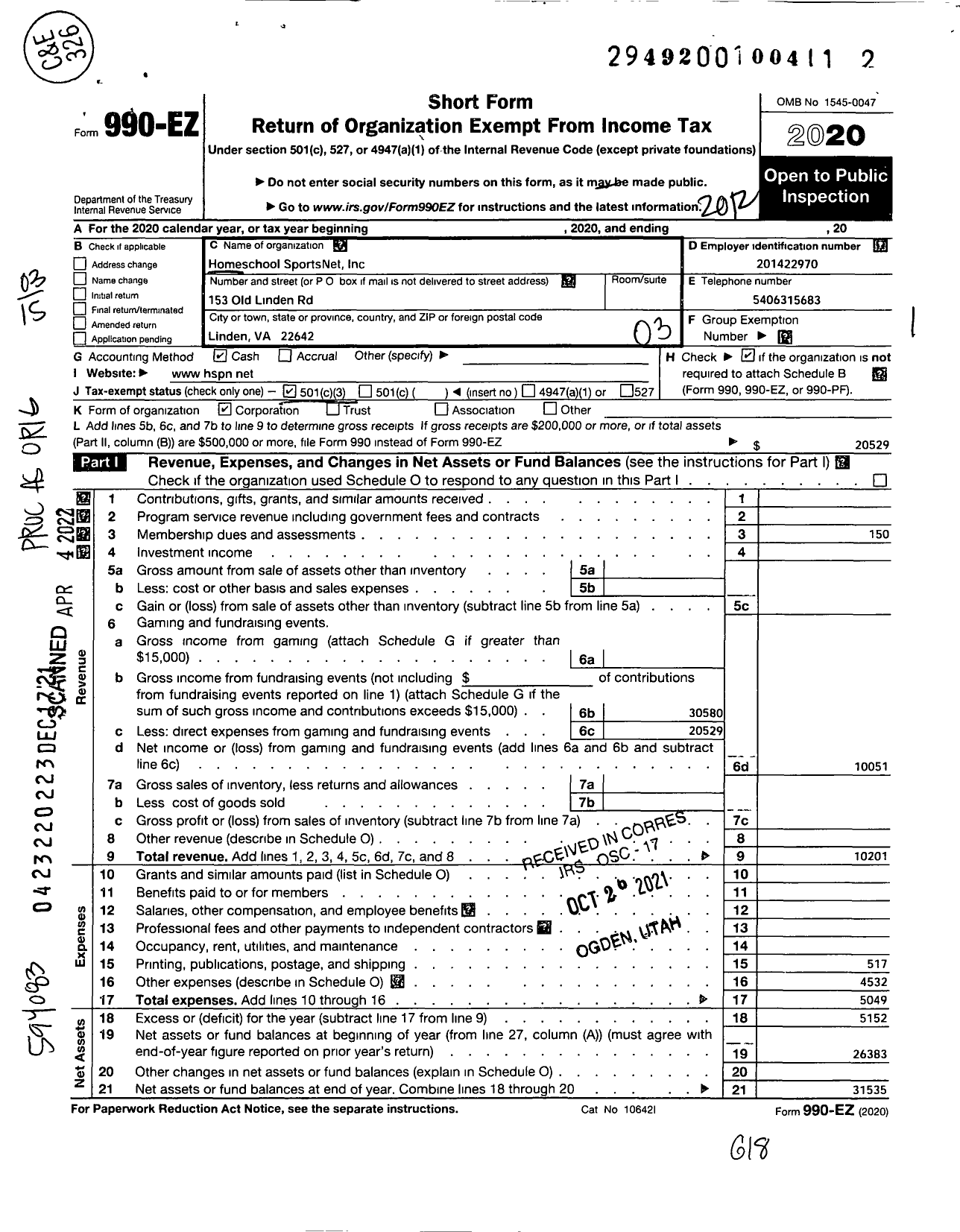 Image of first page of 2020 Form 990EZ for Homeschool Sportsnet Incorporated