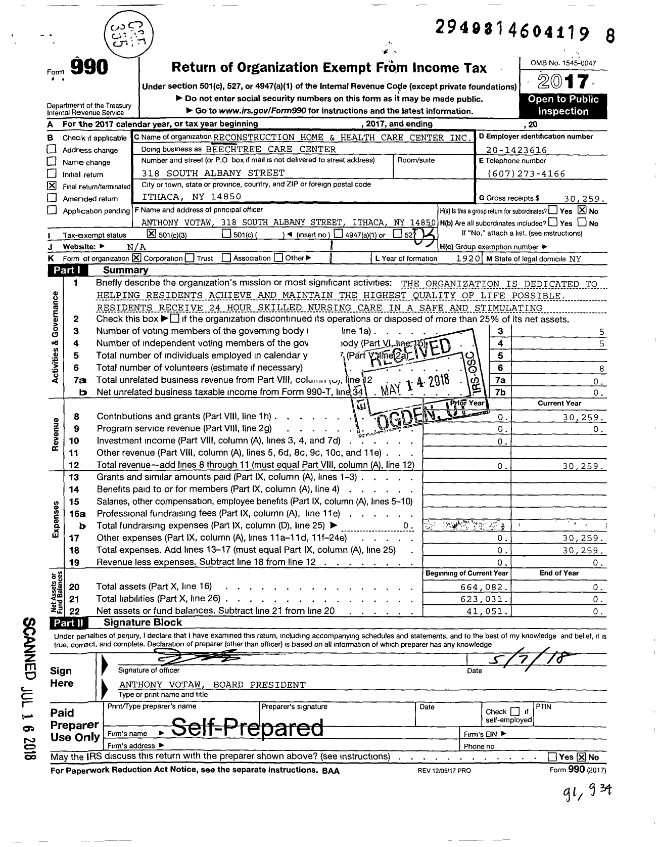 Image of first page of 2017 Form 990 for Beechtree Care Center