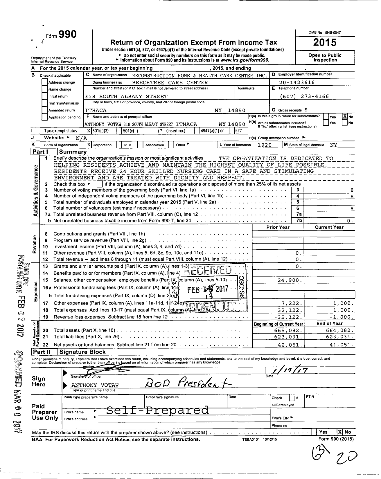 Image of first page of 2015 Form 990 for Beechtree Care Center