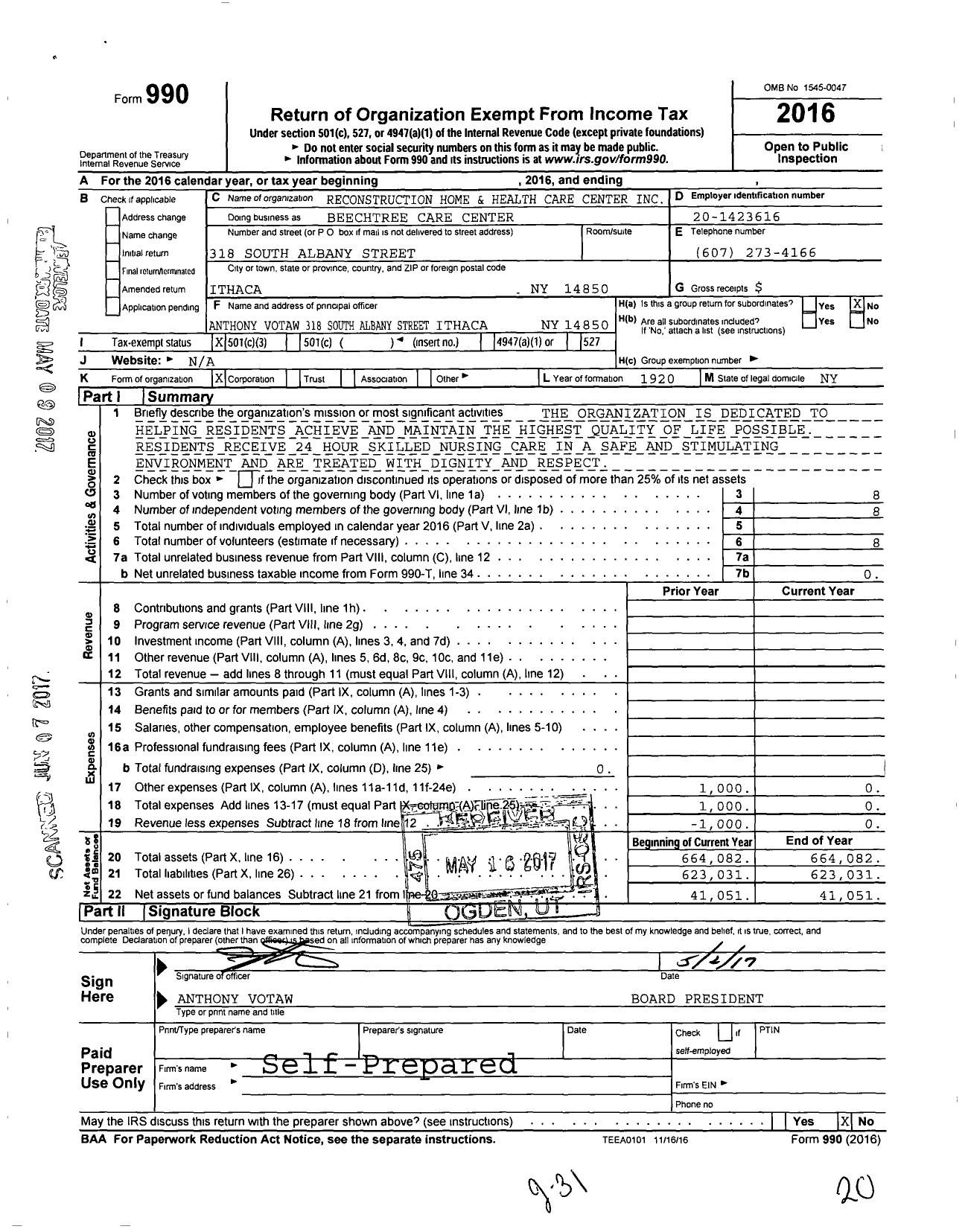 Image of first page of 2016 Form 990 for Beechtree Care Center