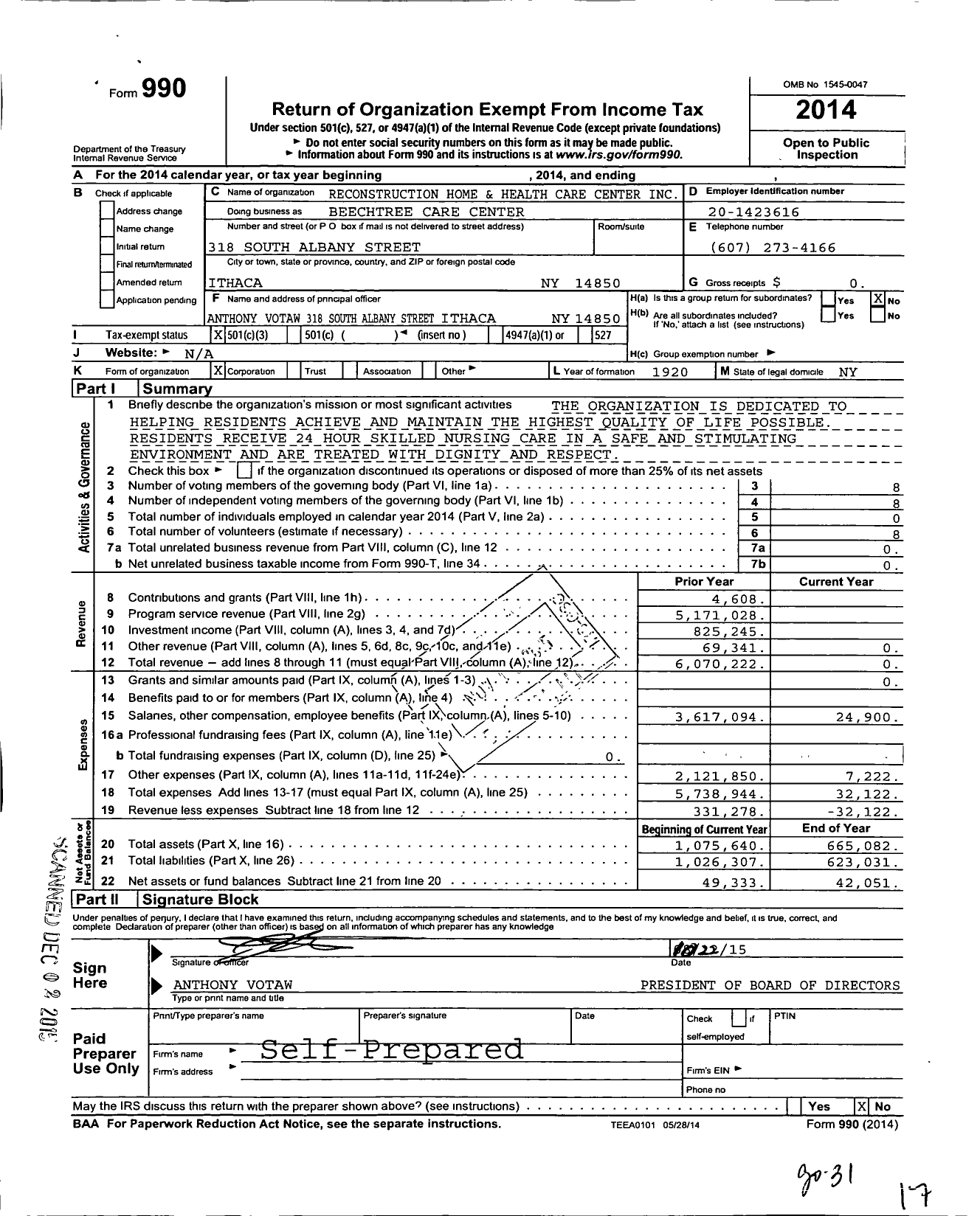 Image of first page of 2014 Form 990 for Beechtree Care Center