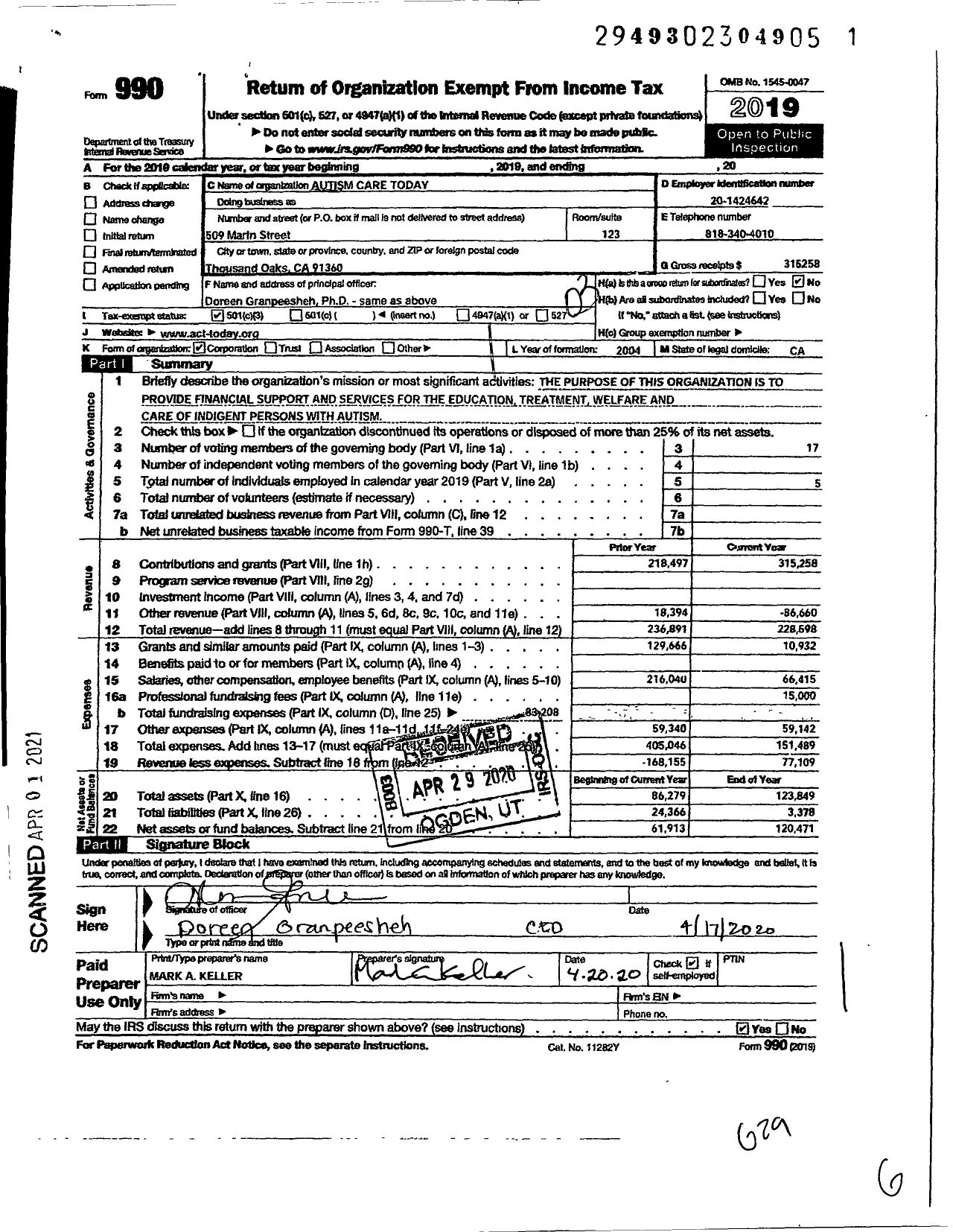 Image of first page of 2019 Form 990 for Autism Care Today