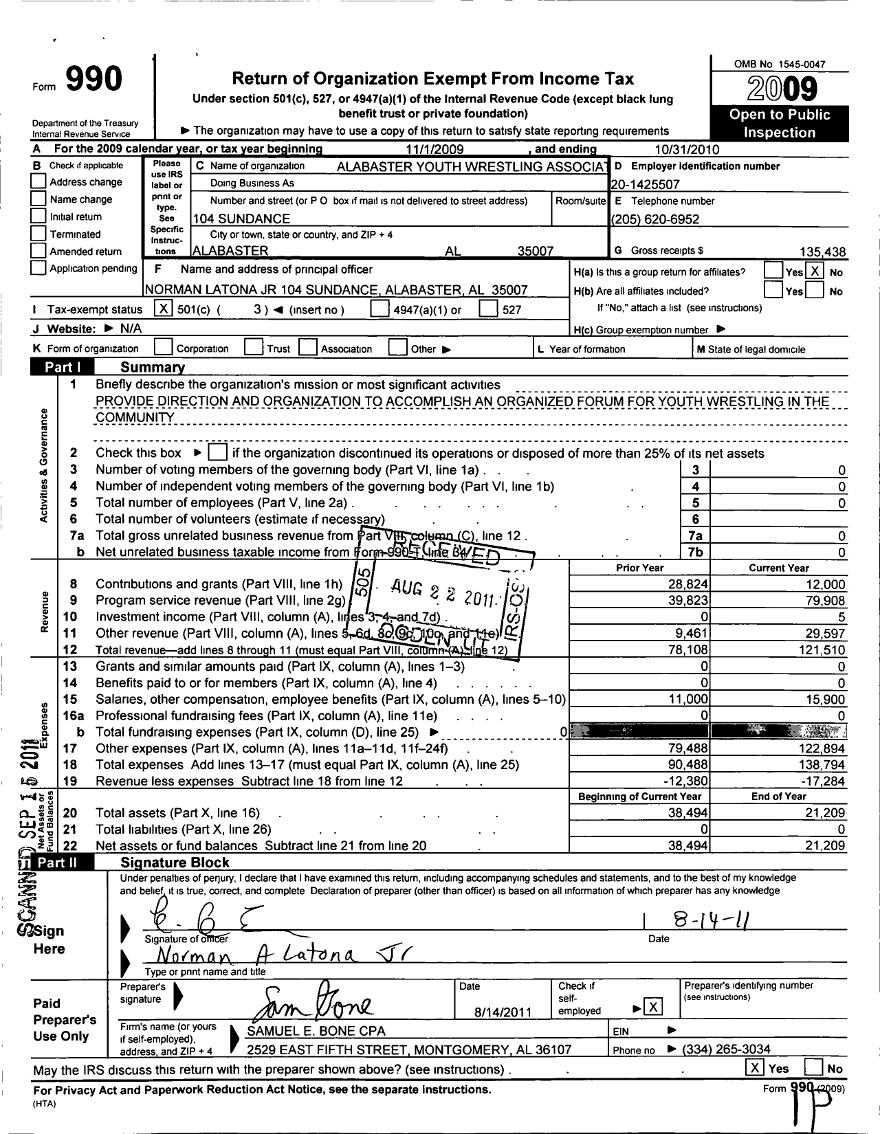 Image of first page of 2009 Form 990 for Alabaster Youth Wrestling Associa