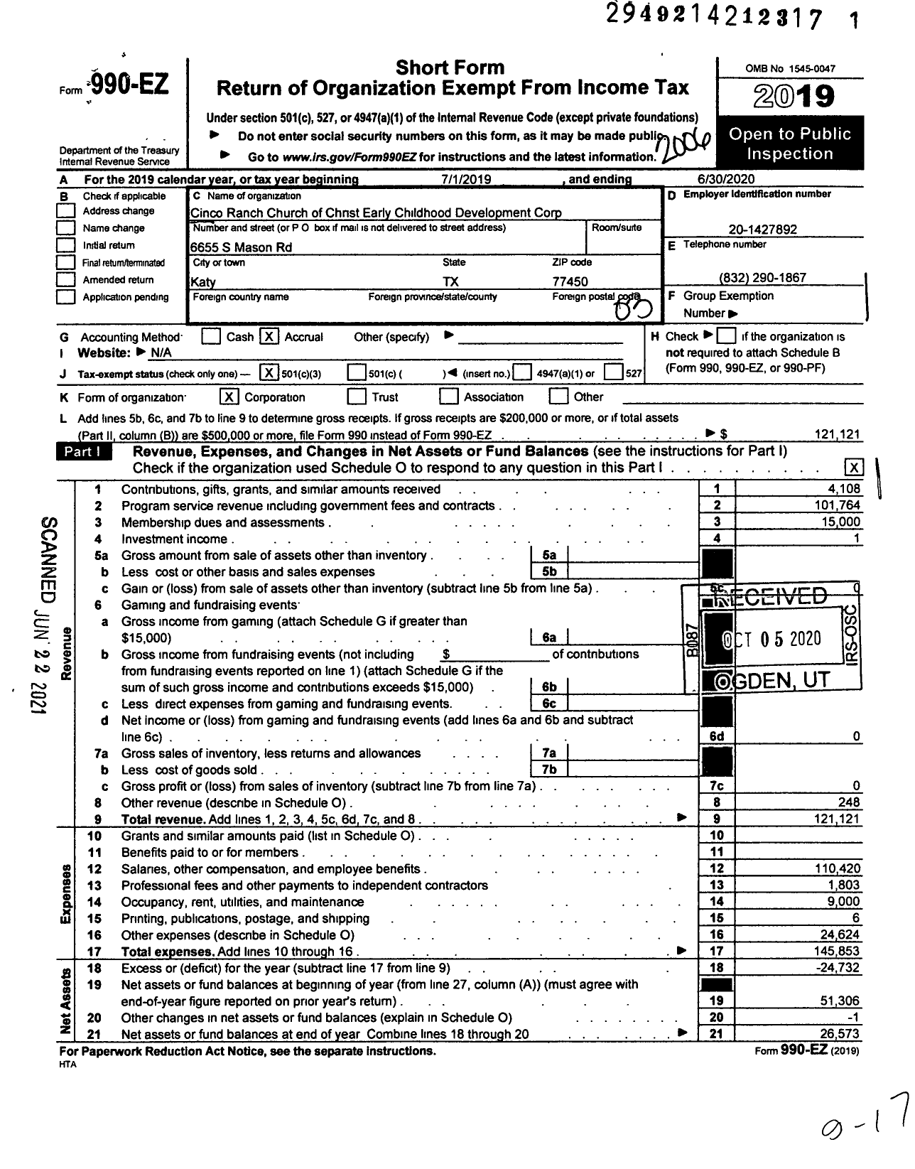 Image of first page of 2019 Form 990EZ for Cinco Ranch Church of Christ Early Childhood Development Corp