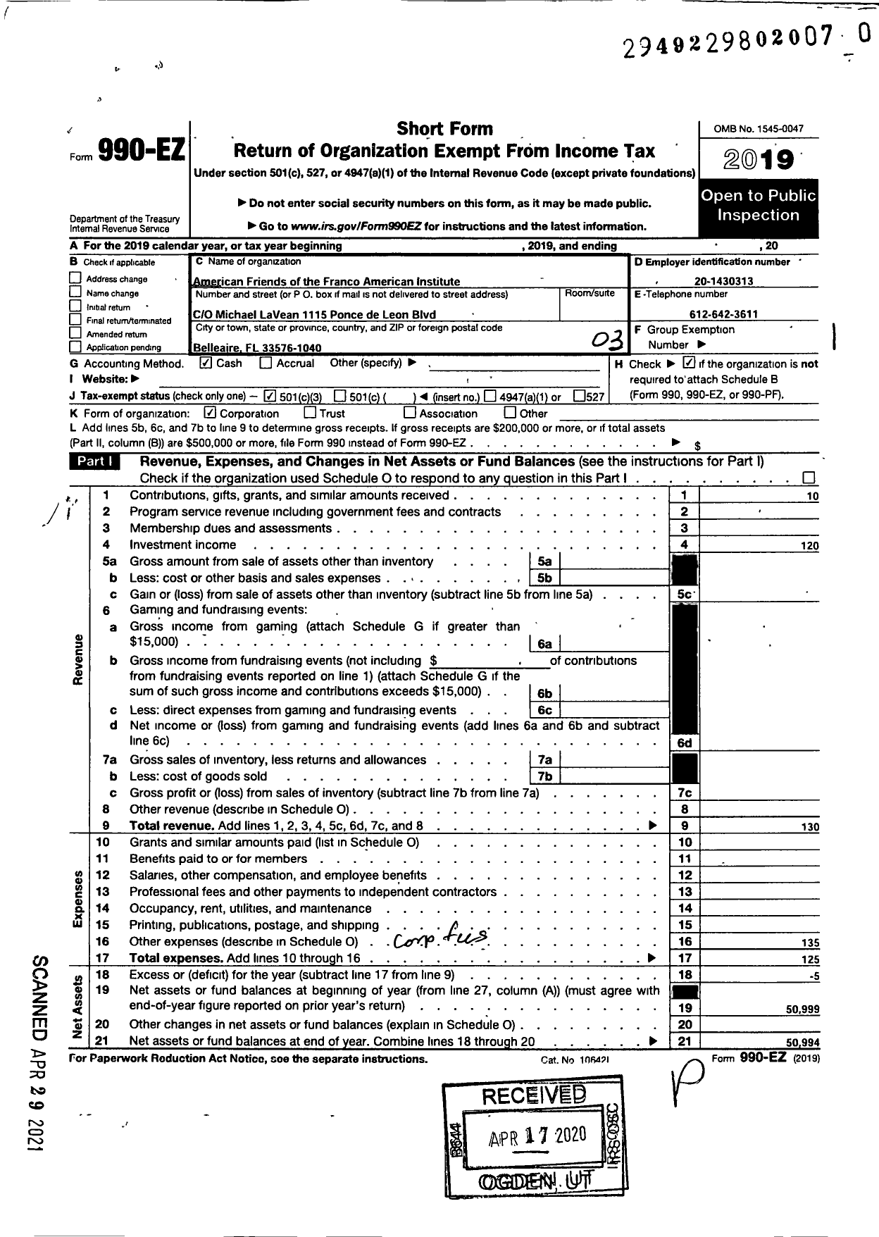 Image of first page of 2019 Form 990EZ for American Friends of the Franco American Institute