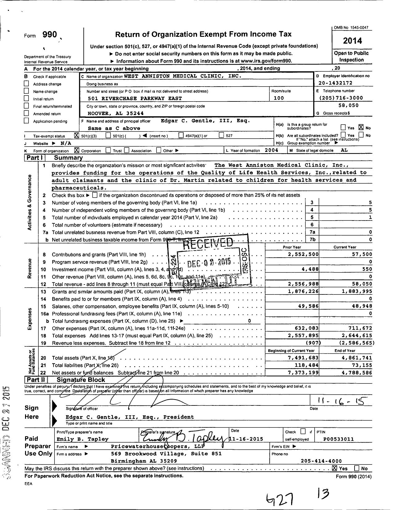 Image of first page of 2014 Form 990 for West Anniston Medical Clinic