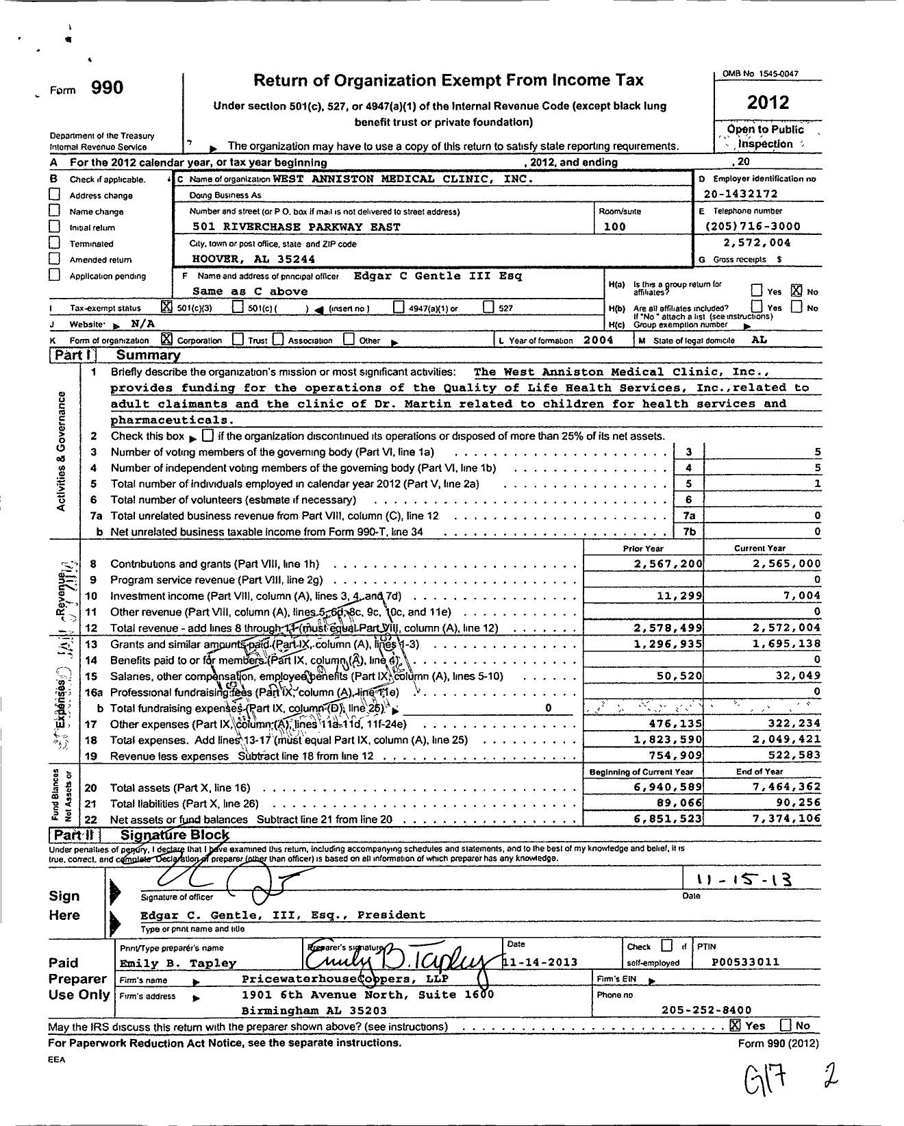 Image of first page of 2012 Form 990 for West Anniston Medical Clinic