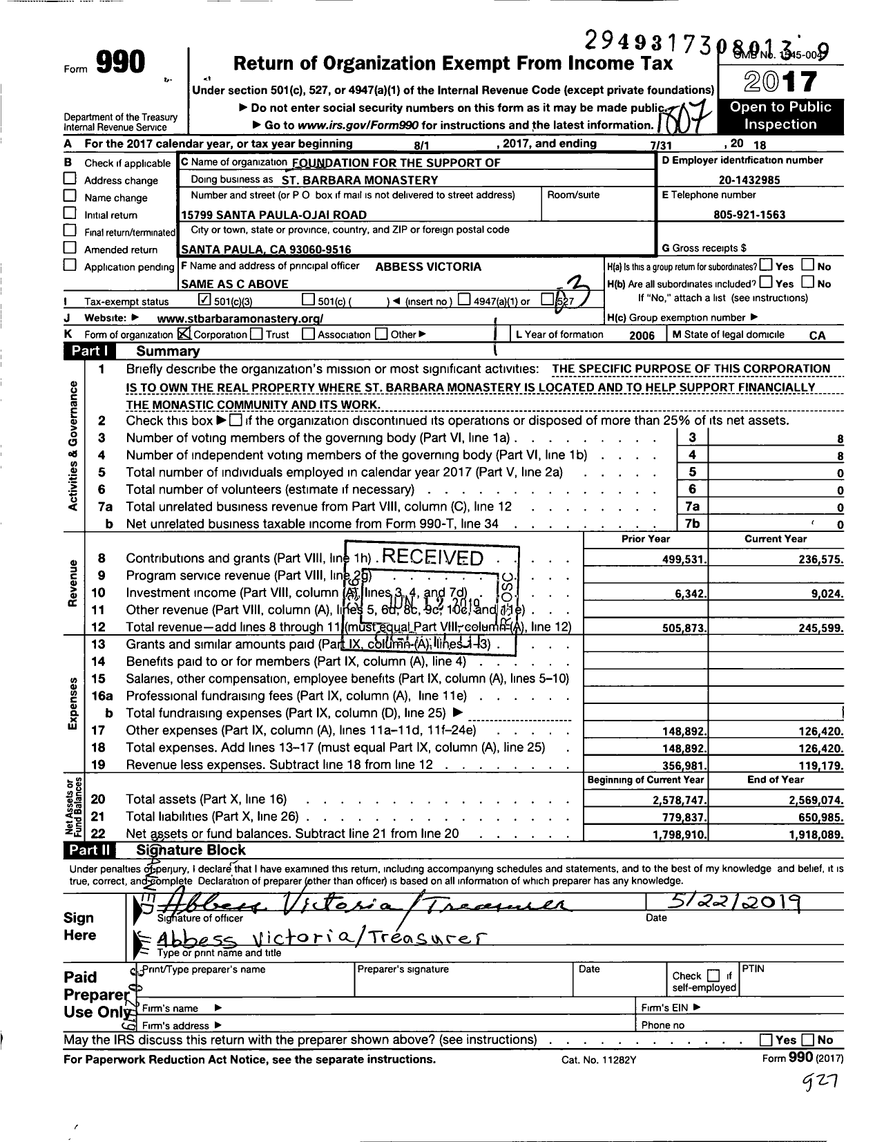 Image of first page of 2017 Form 990 for Foundation for the Support of St Barbara Orthodox Monastery