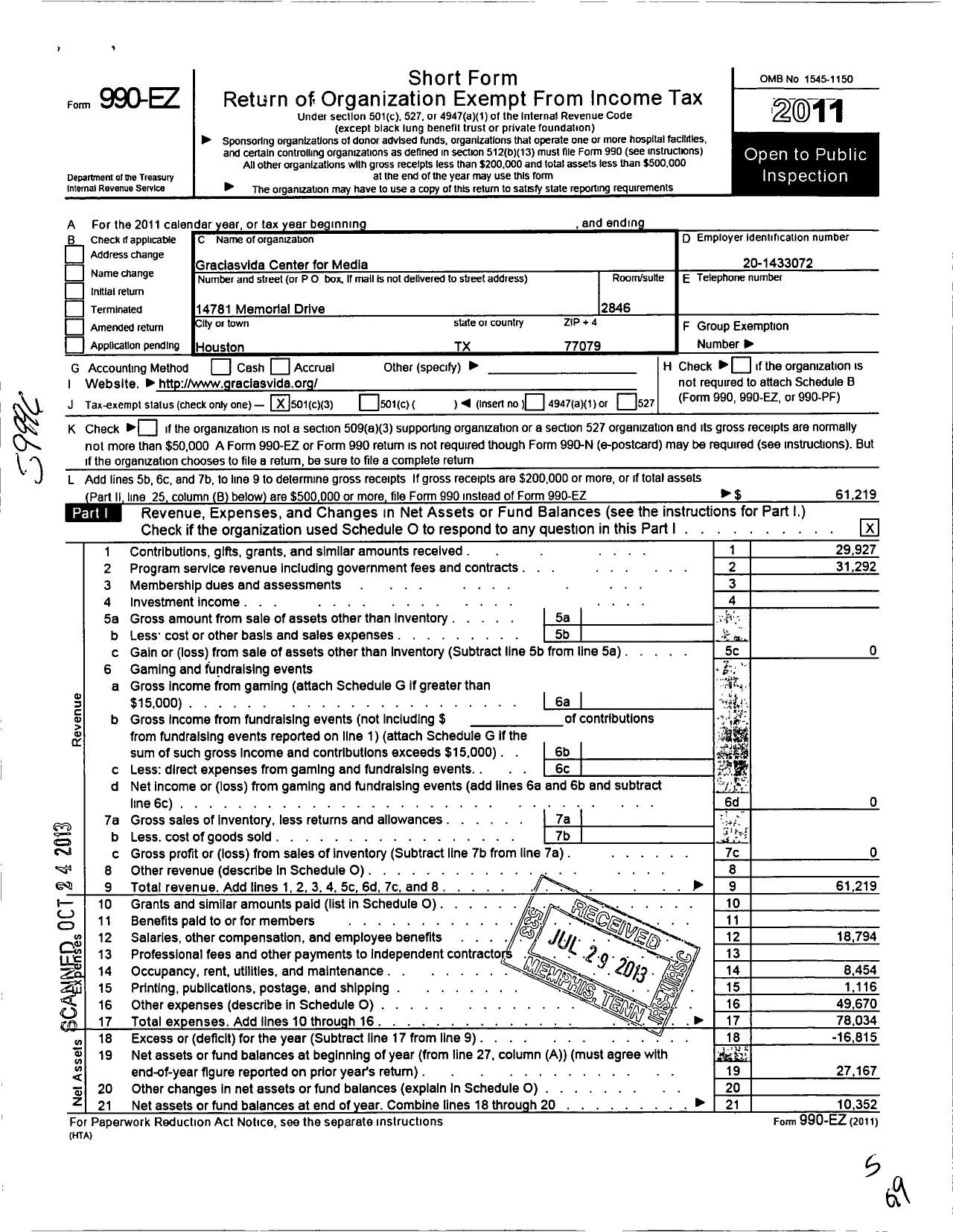 Image of first page of 2011 Form 990EZ for The Graciasvida Center for Media