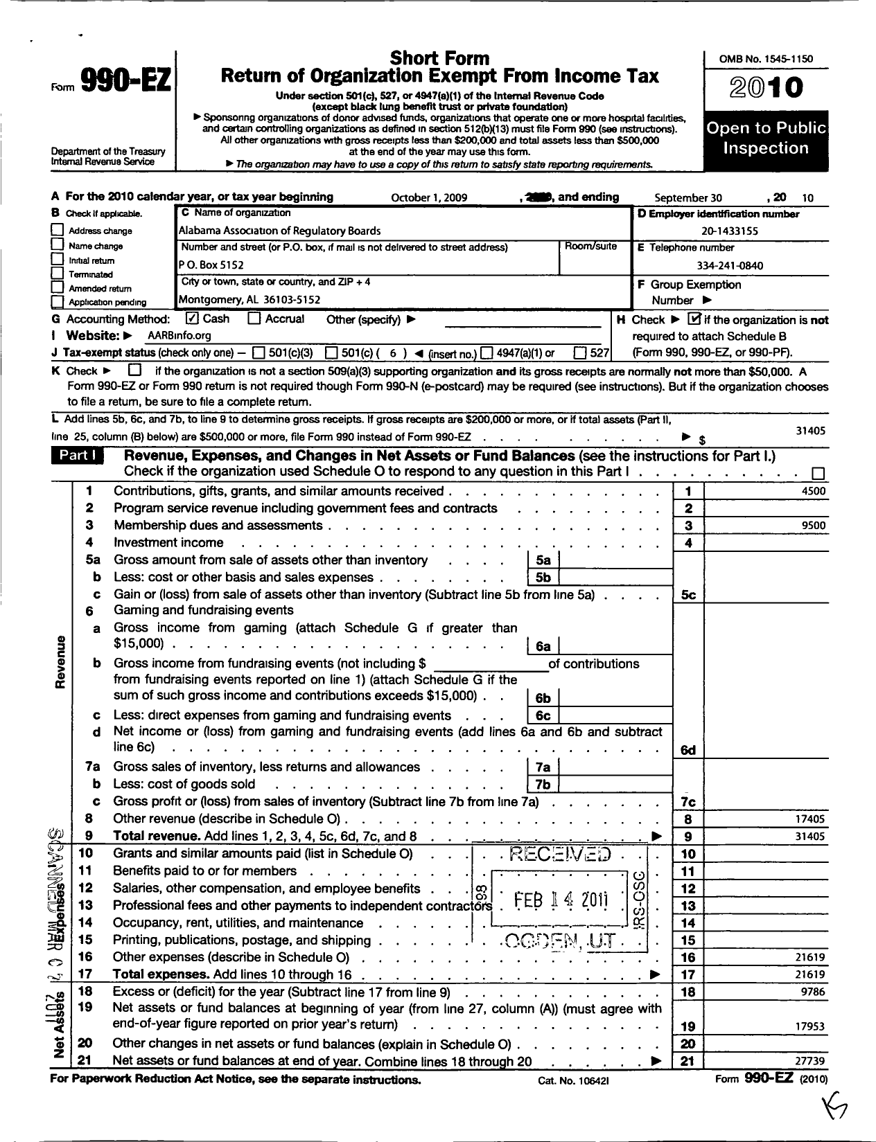 Image of first page of 2009 Form 990EO for Alabama Association of Regulatory