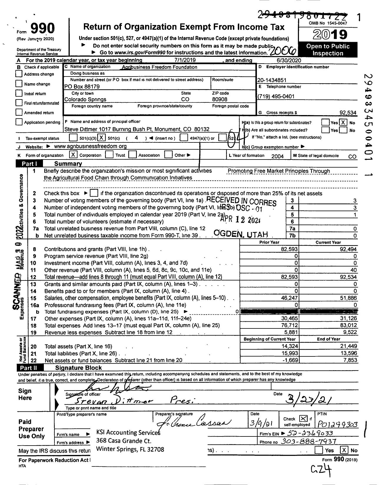 Image of first page of 2019 Form 990O for Agribusiness Freedom Foundation