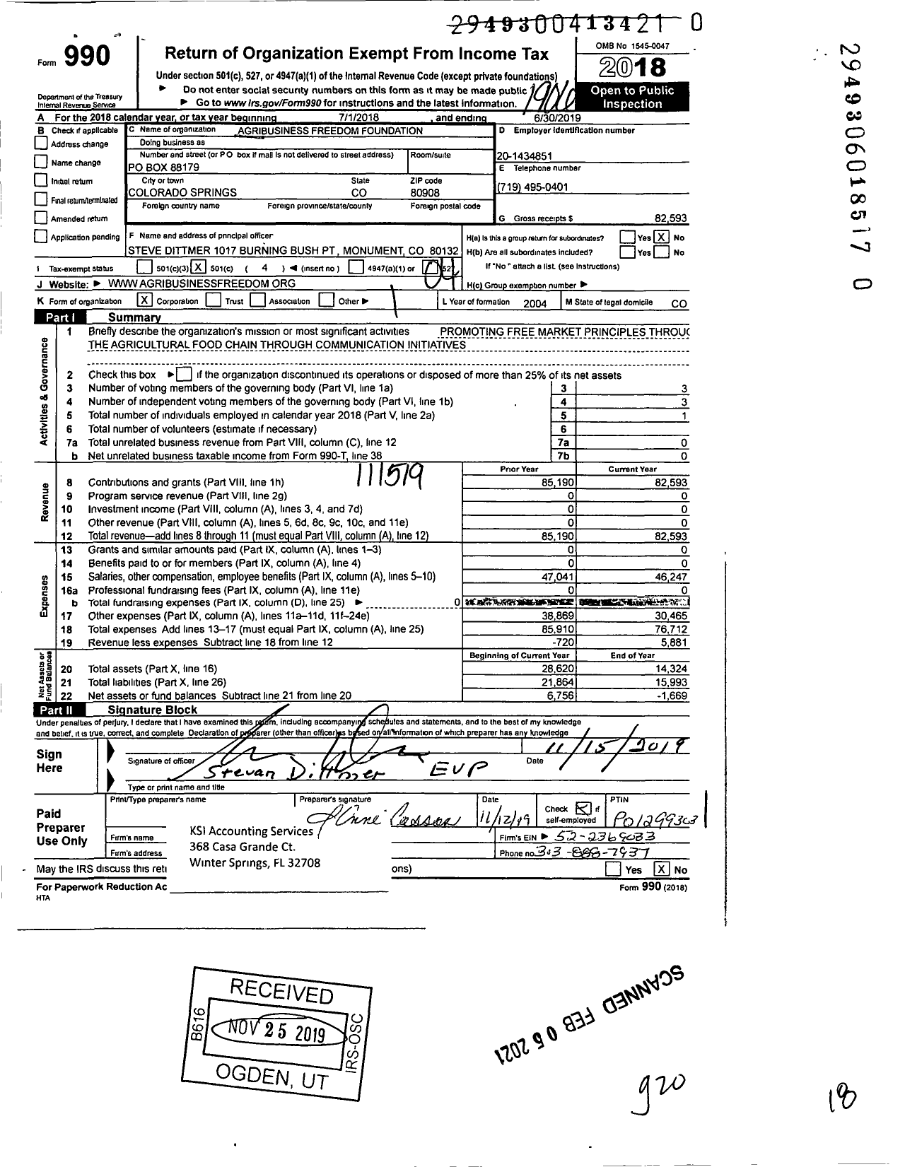 Image of first page of 2018 Form 990O for Agribusiness Freedom Foundation