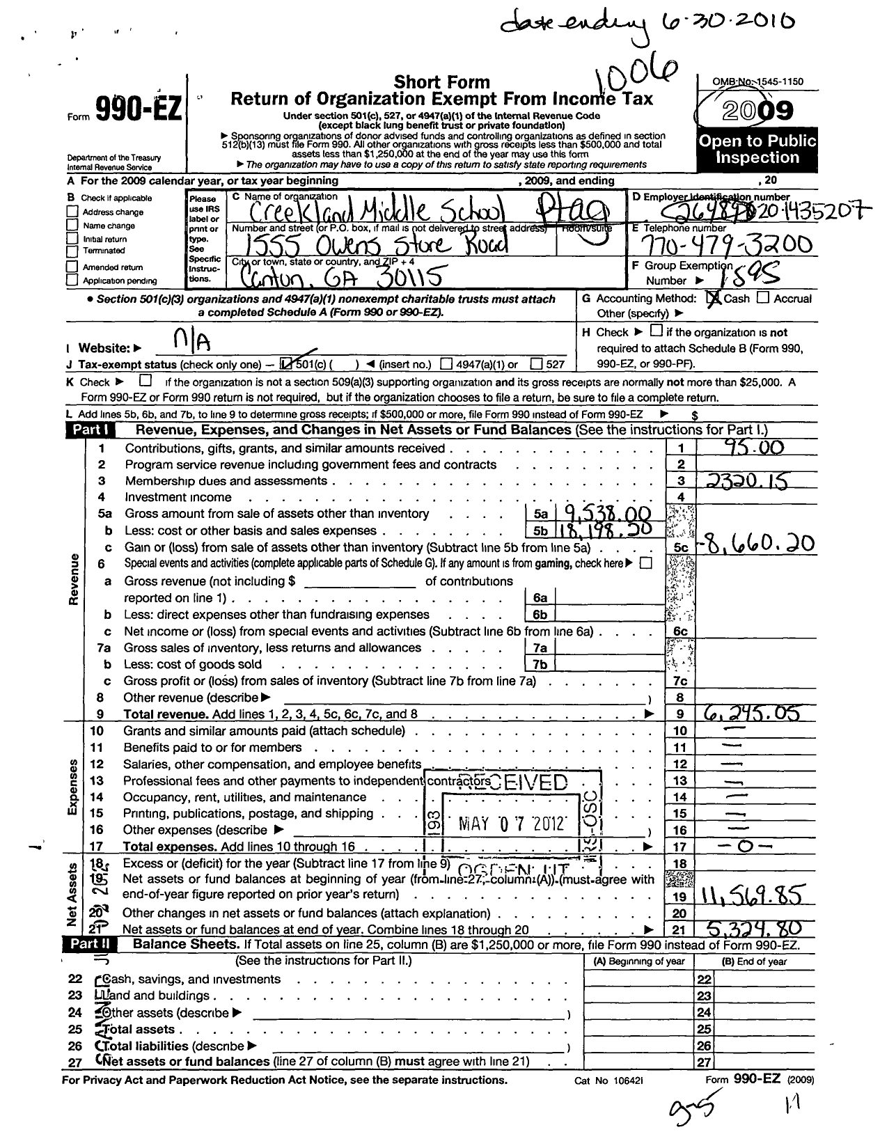 Image of first page of 2009 Form 990EO for Georgia PTA - Creekland MS Ptsa