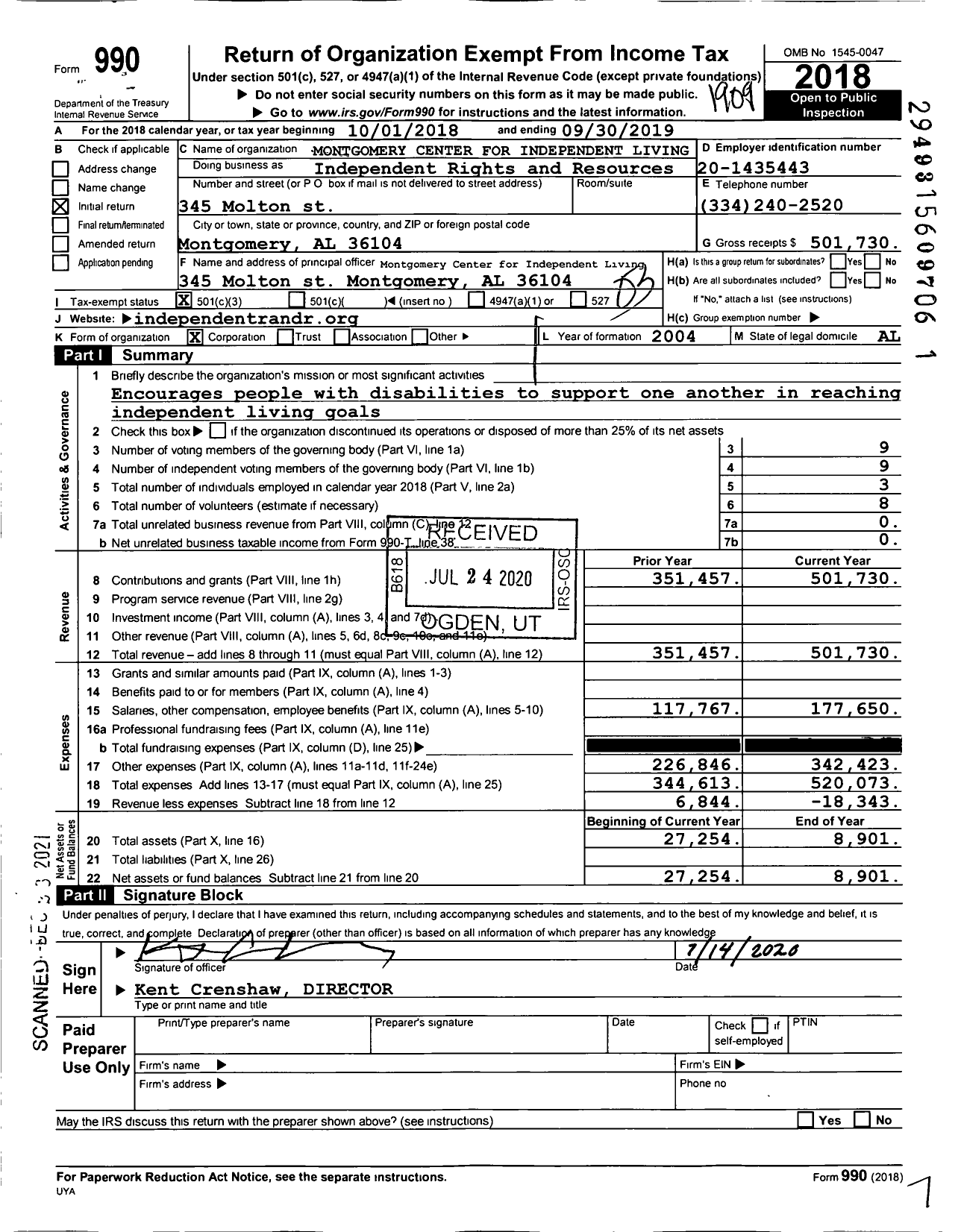 Image of first page of 2018 Form 990 for Independent Rights and Resources