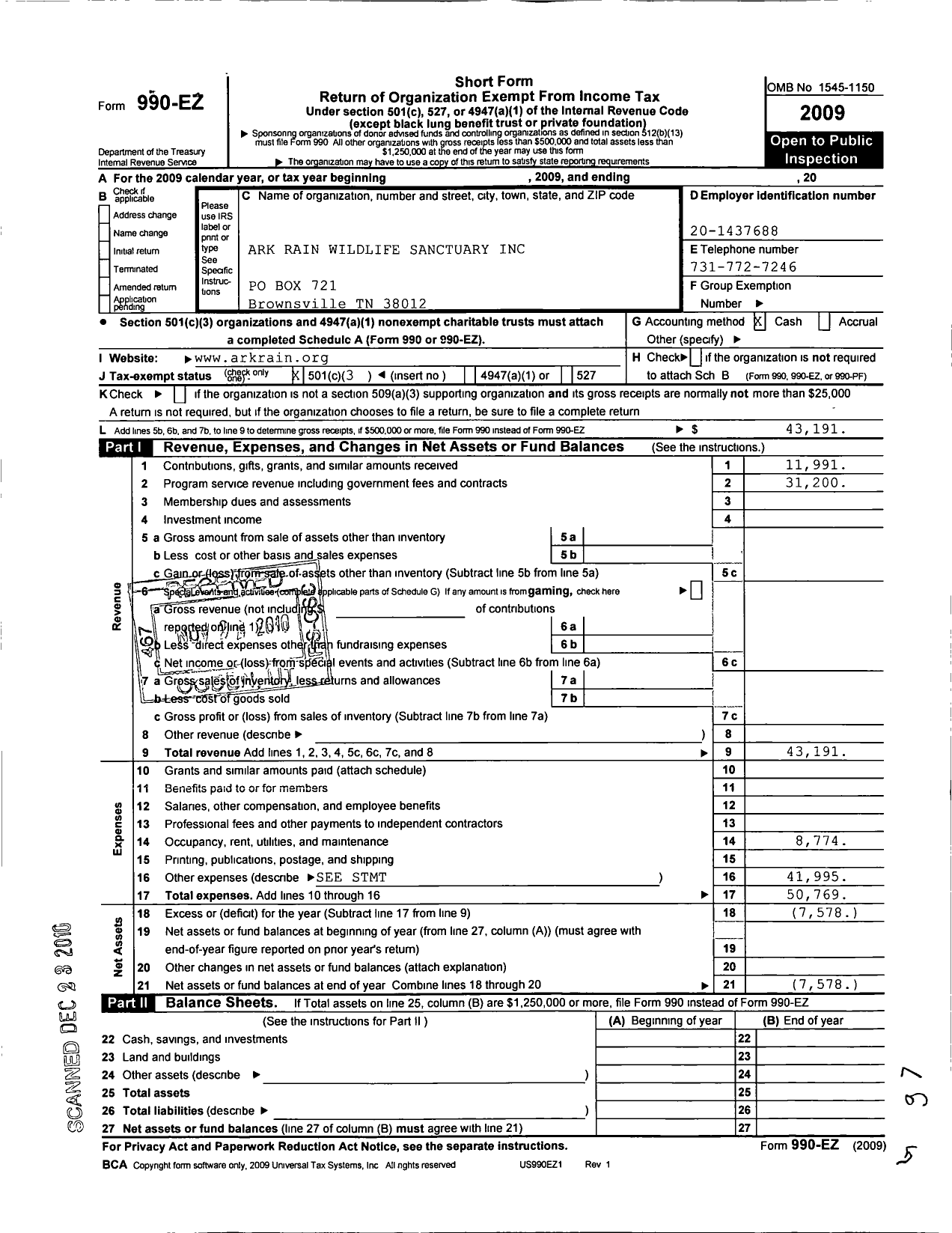 Image of first page of 2009 Form 990EZ for Ark Rain Wildlife Sanctuary