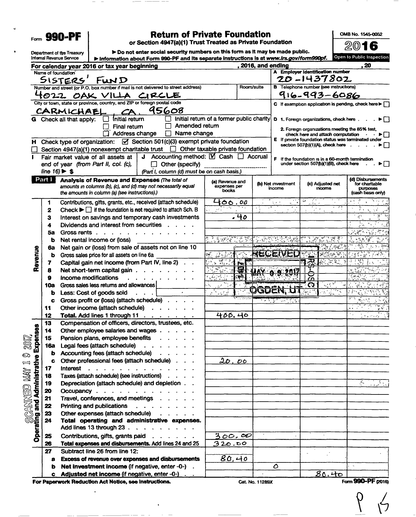 Image of first page of 2016 Form 990PF for Sisters Fund