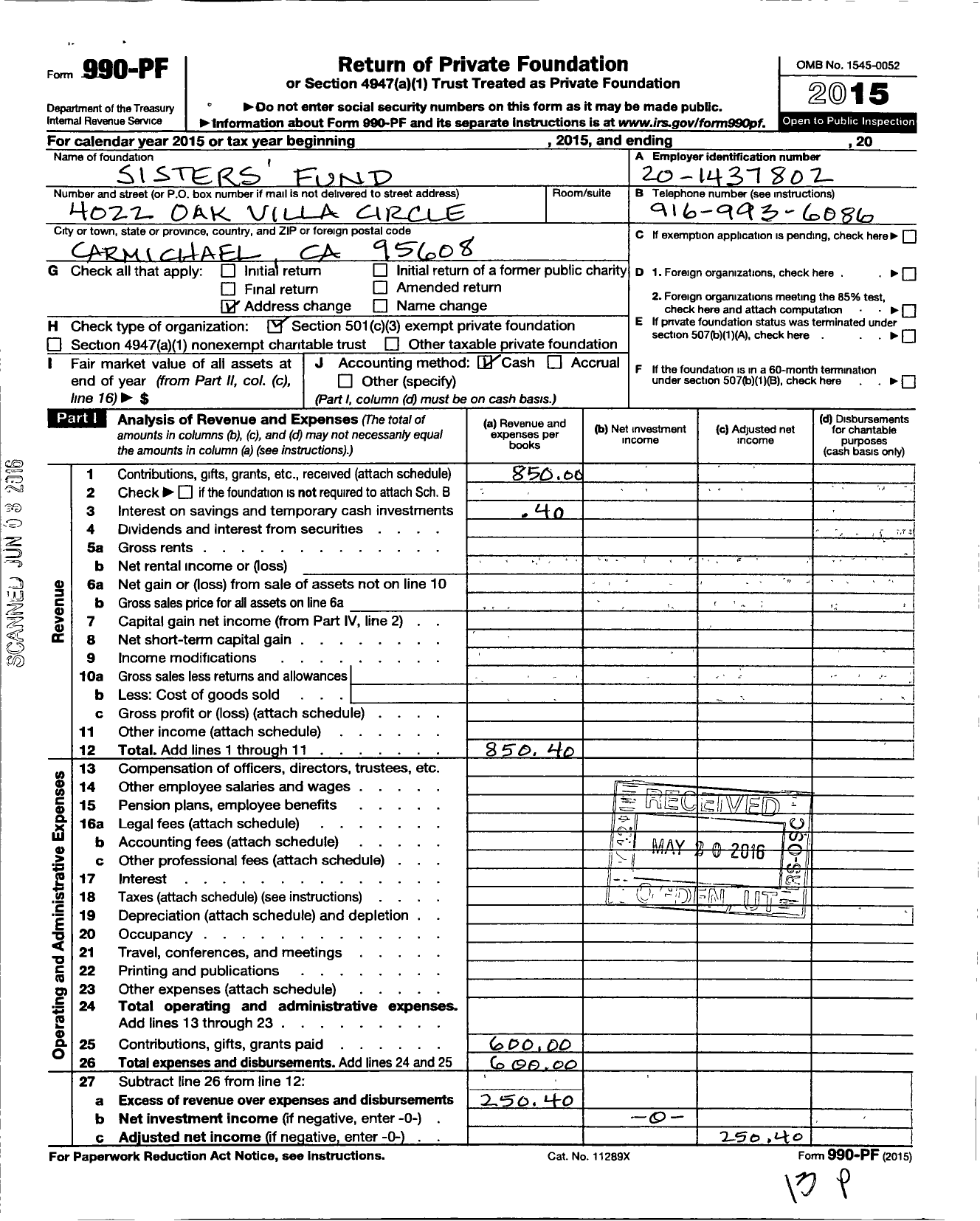 Image of first page of 2015 Form 990PF for Sisters Fund