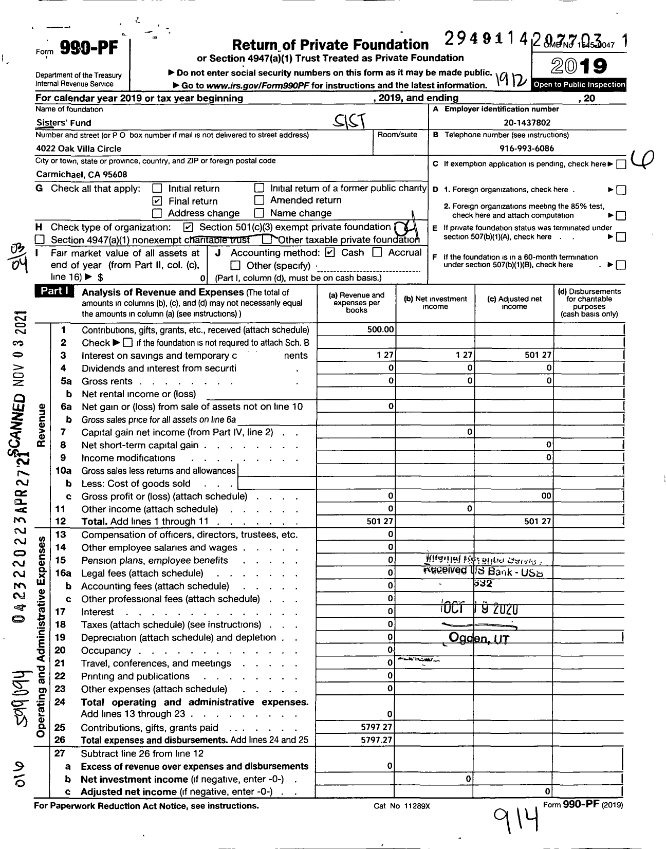 Image of first page of 2019 Form 990PF for Sisters Fund